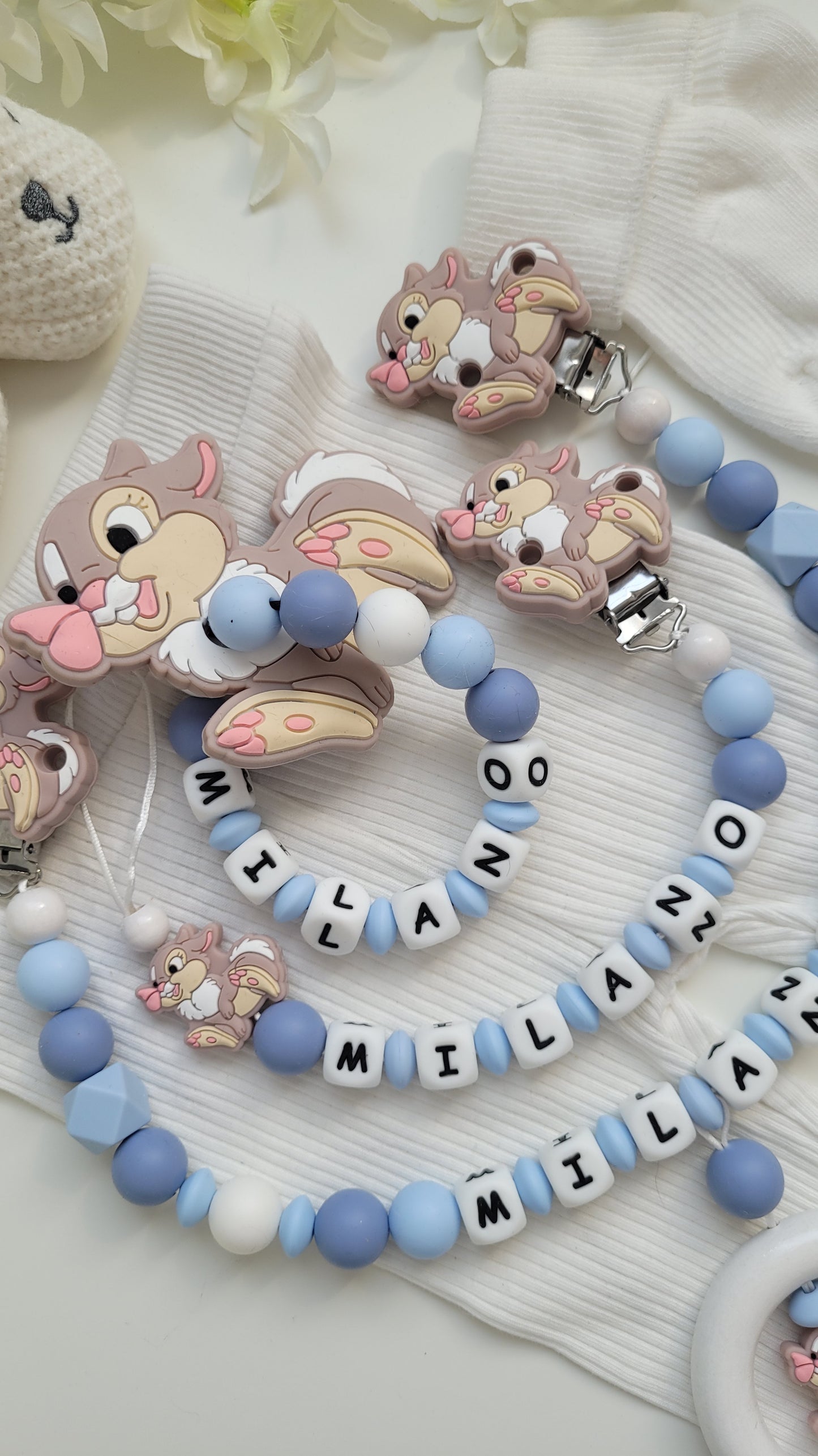3tlg Set Schnullerkette Kinderwagenkette Greifling Hase blau