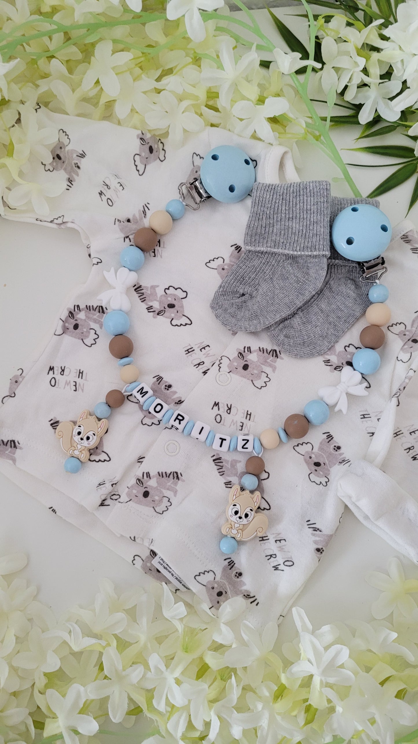 Kinderwagenkette & Schnullerkette *Eichhörnchen* blau beige