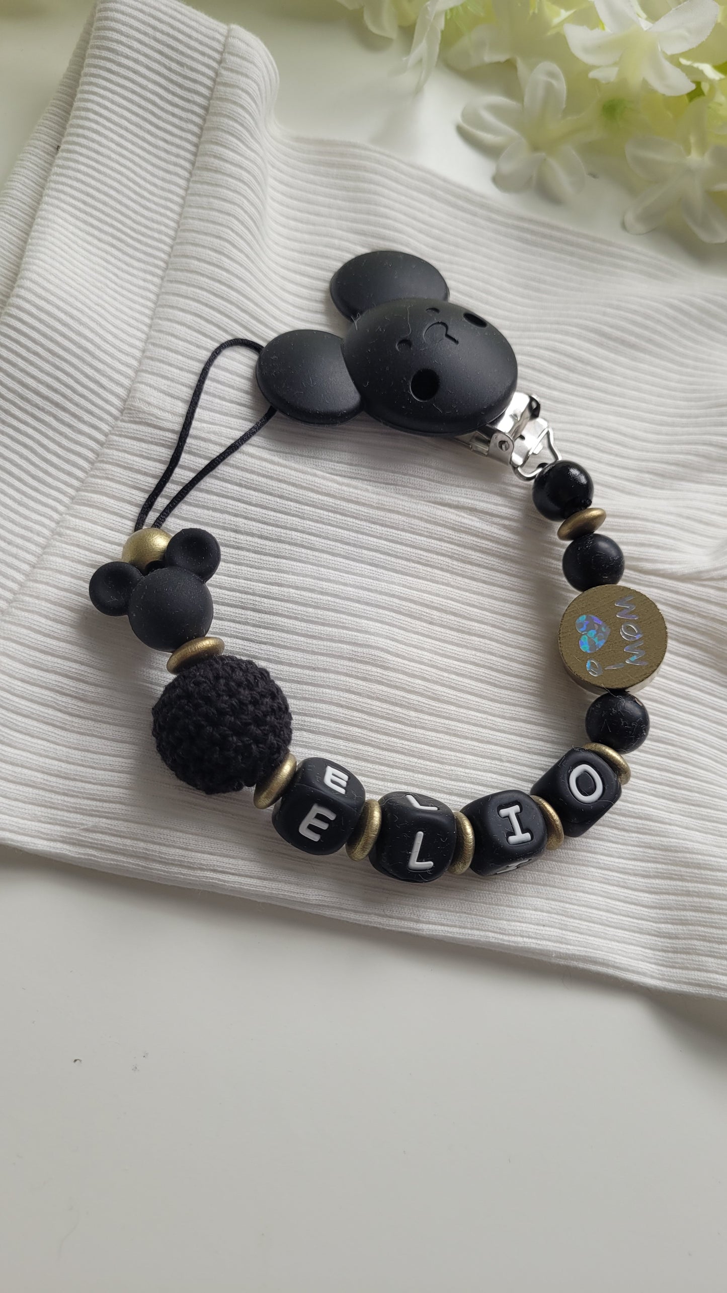Schnullerkette mit Namen für Jungen Maus Gold schwarz