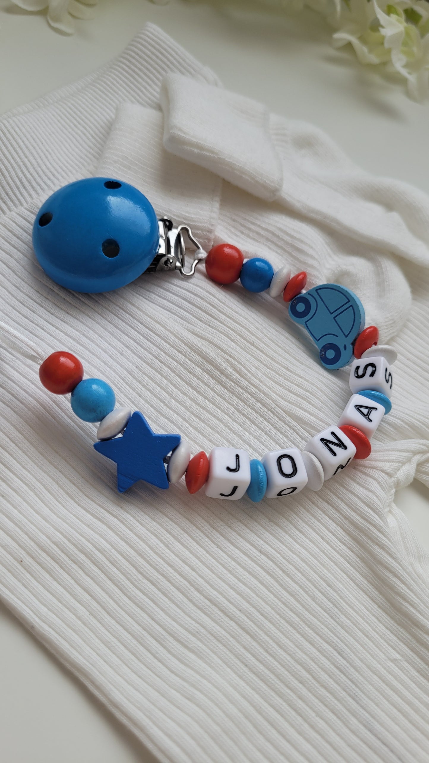 Kinderwagenkette & Schnullerkette mit Namen Auto Spielringe