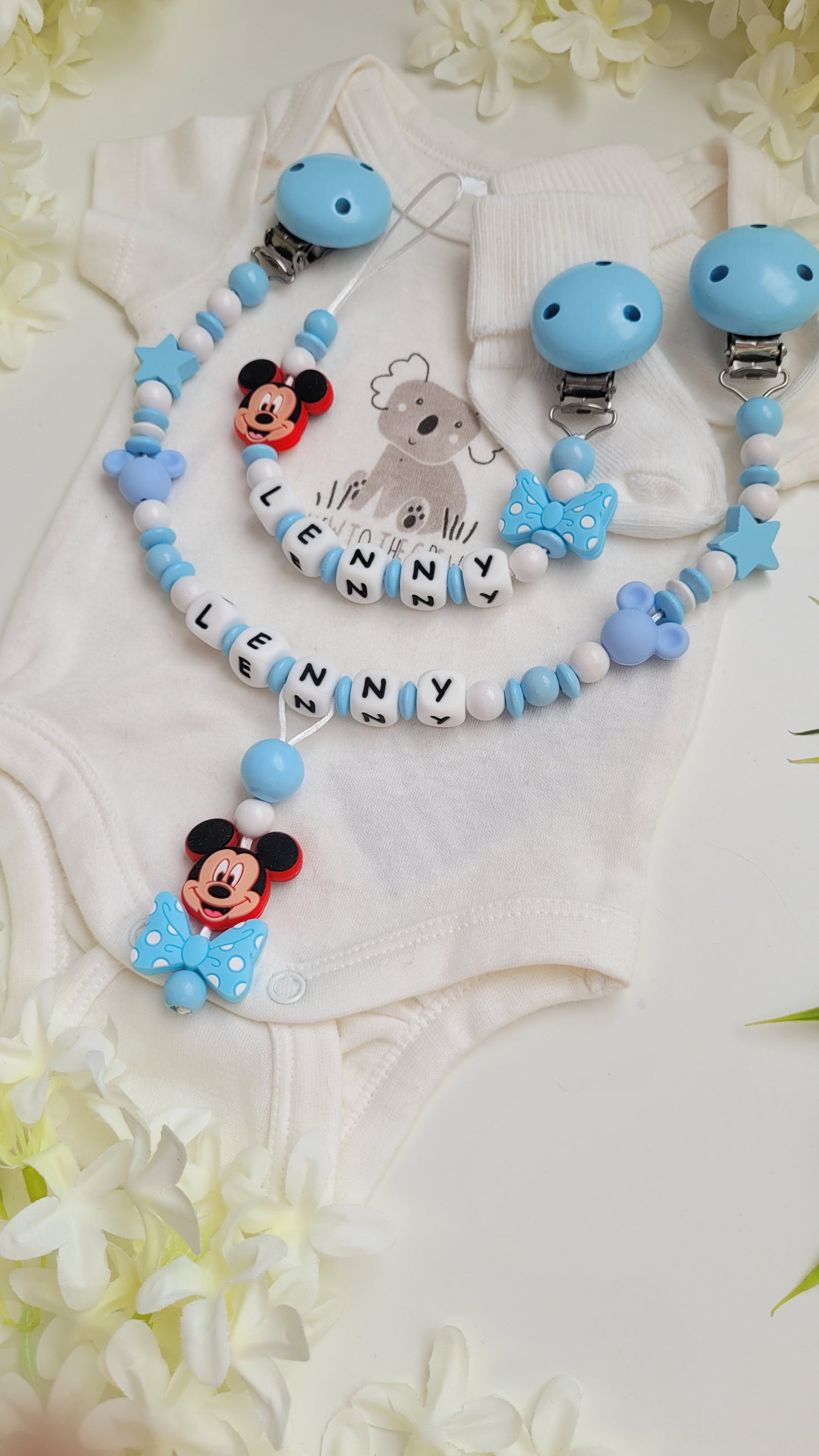 Kinderwagenkette & Schnullerkette mit Namen *Maus* blau