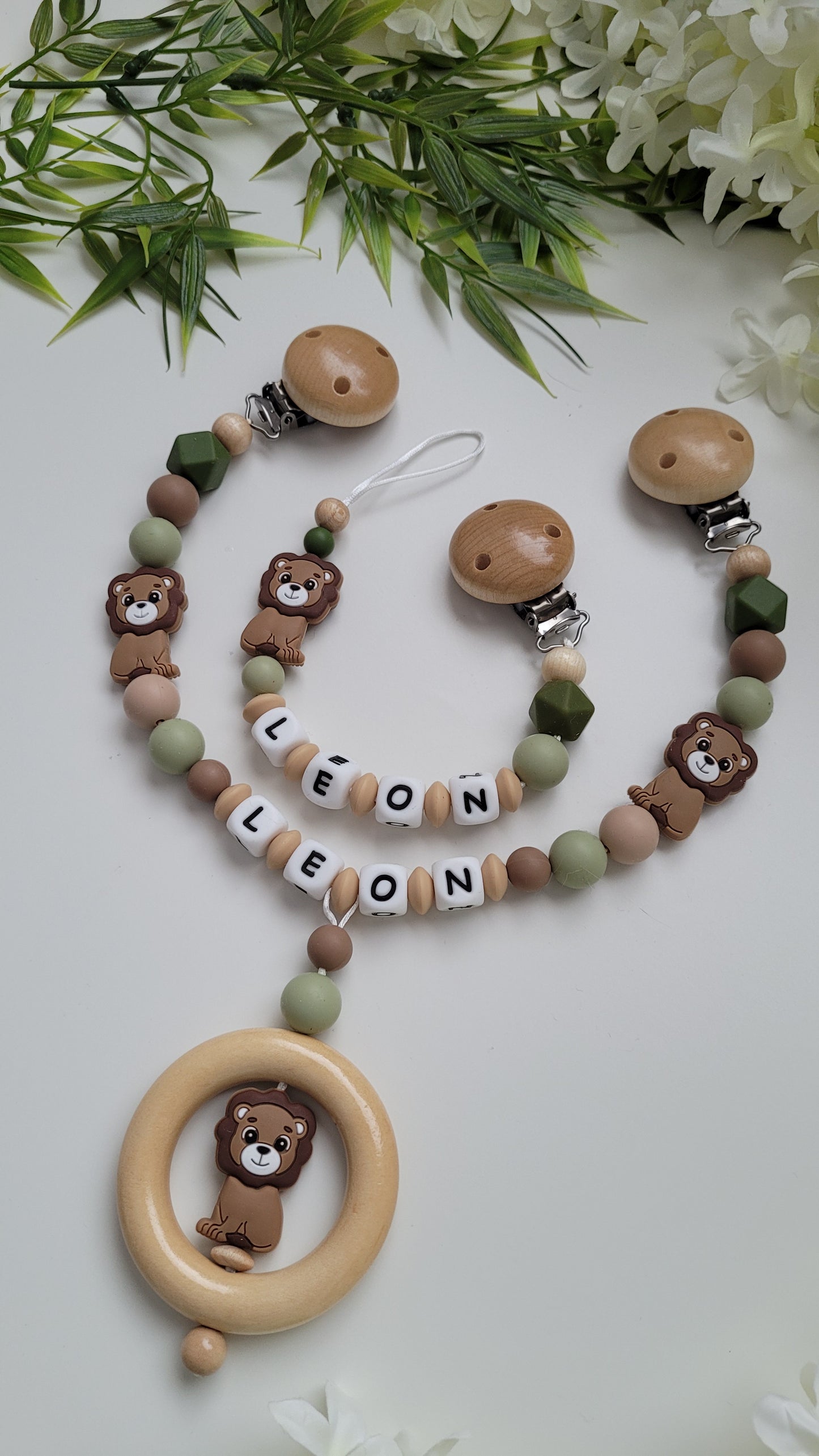 Kinderwagenkette & Schnullerkette Set Silikon holz grün Löwe