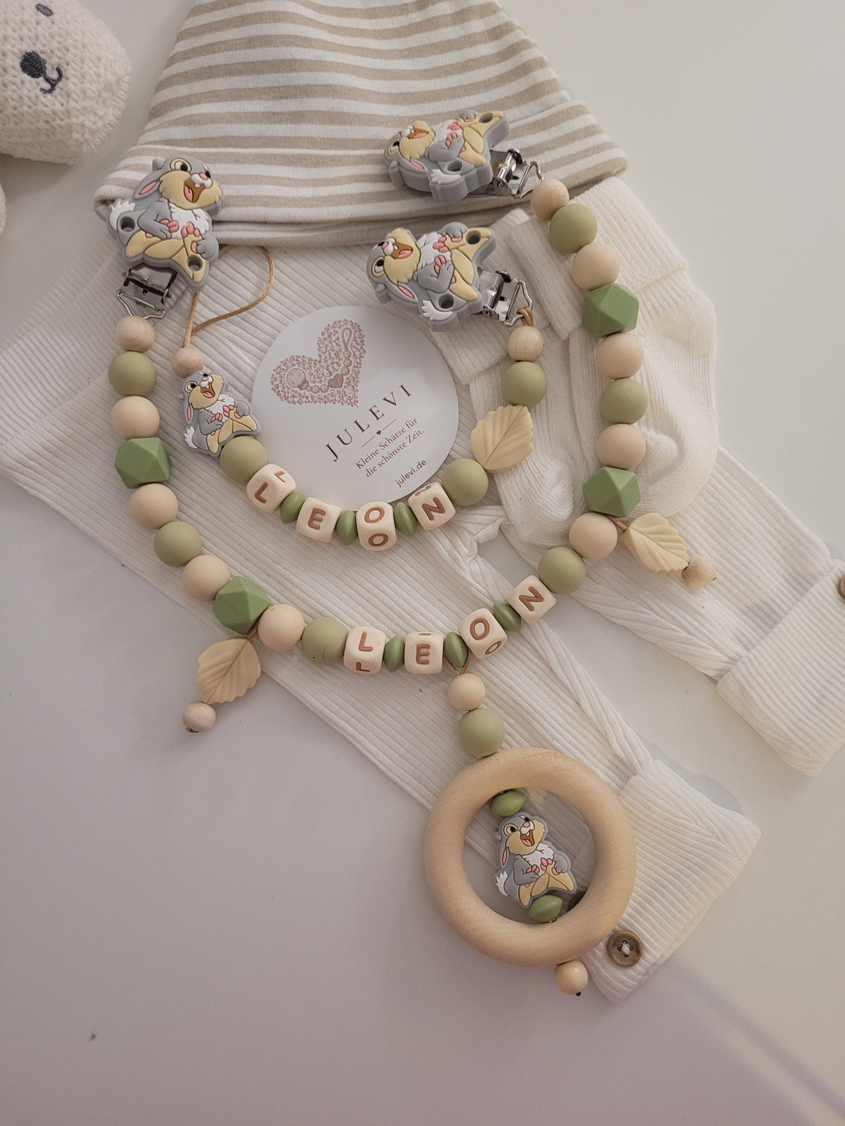 3er Set Schnullerkette Kinderwagenkette & Greifring mit Namen Hase Grün Beige