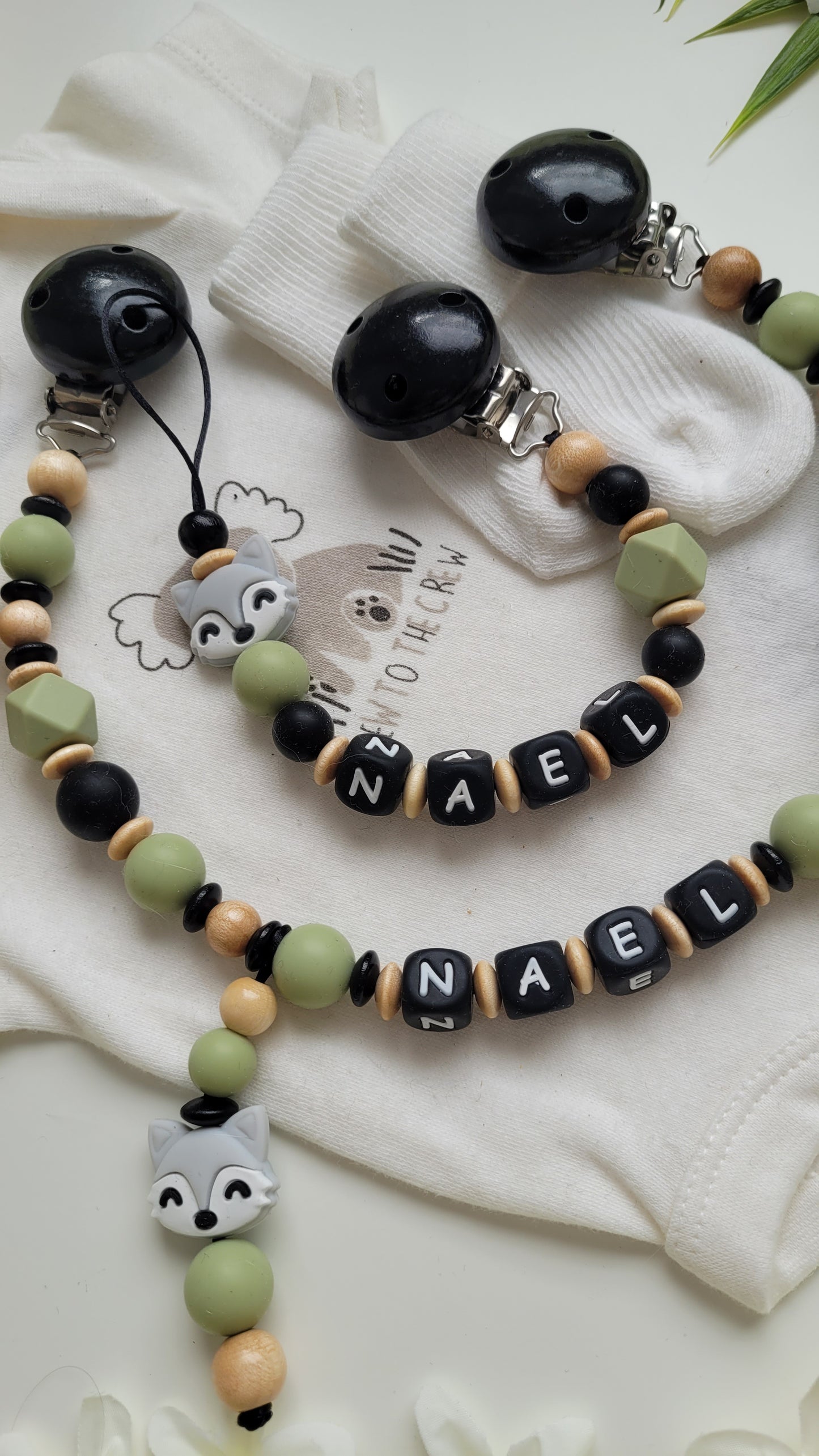 Kinderwagenkette & Schnullerkette Set Grün Fuchs