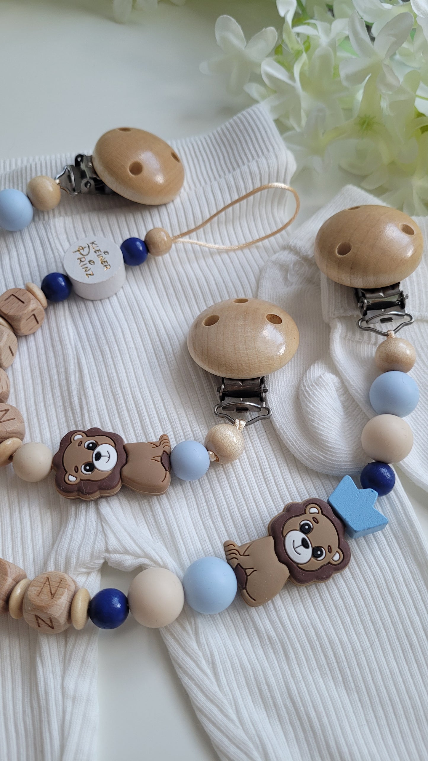 Kinderwagenkette & Schnullerkette * Löwe* blau beige