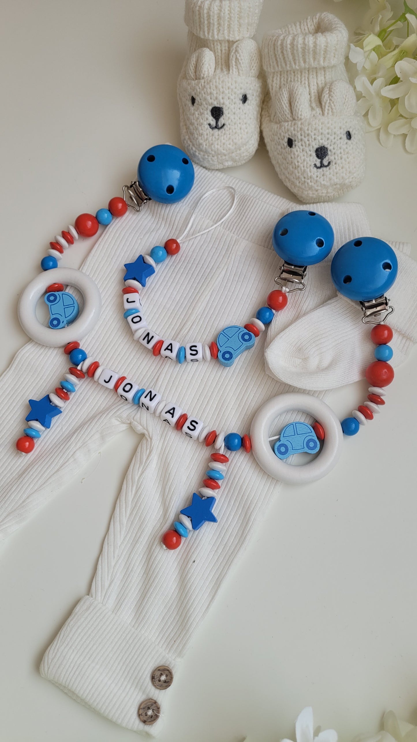 Kinderwagenkette & Schnullerkette mit Namen Auto Spielringe