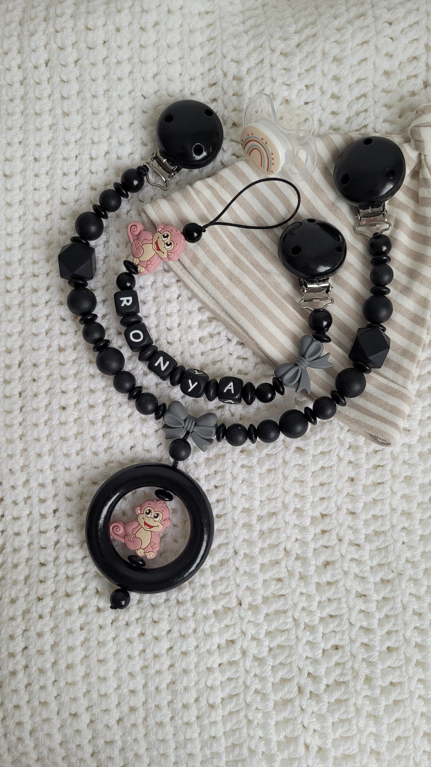 Kinderwagenkette & Schnullerkette *Äffchen* Black