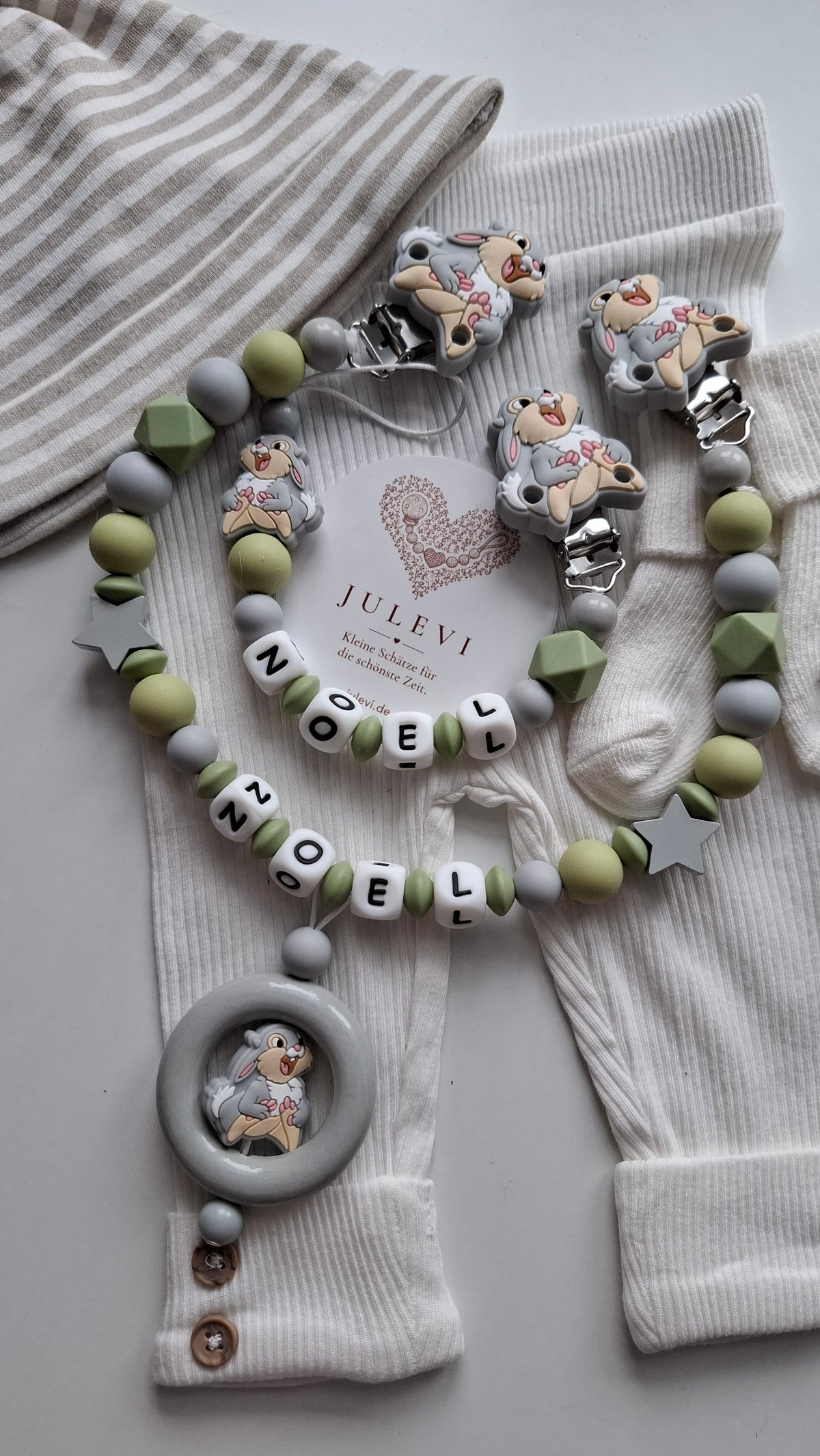 Kinderwagenkette & Schnullerkette Set mit Namen Hase grau grün Silikon | personalisiert