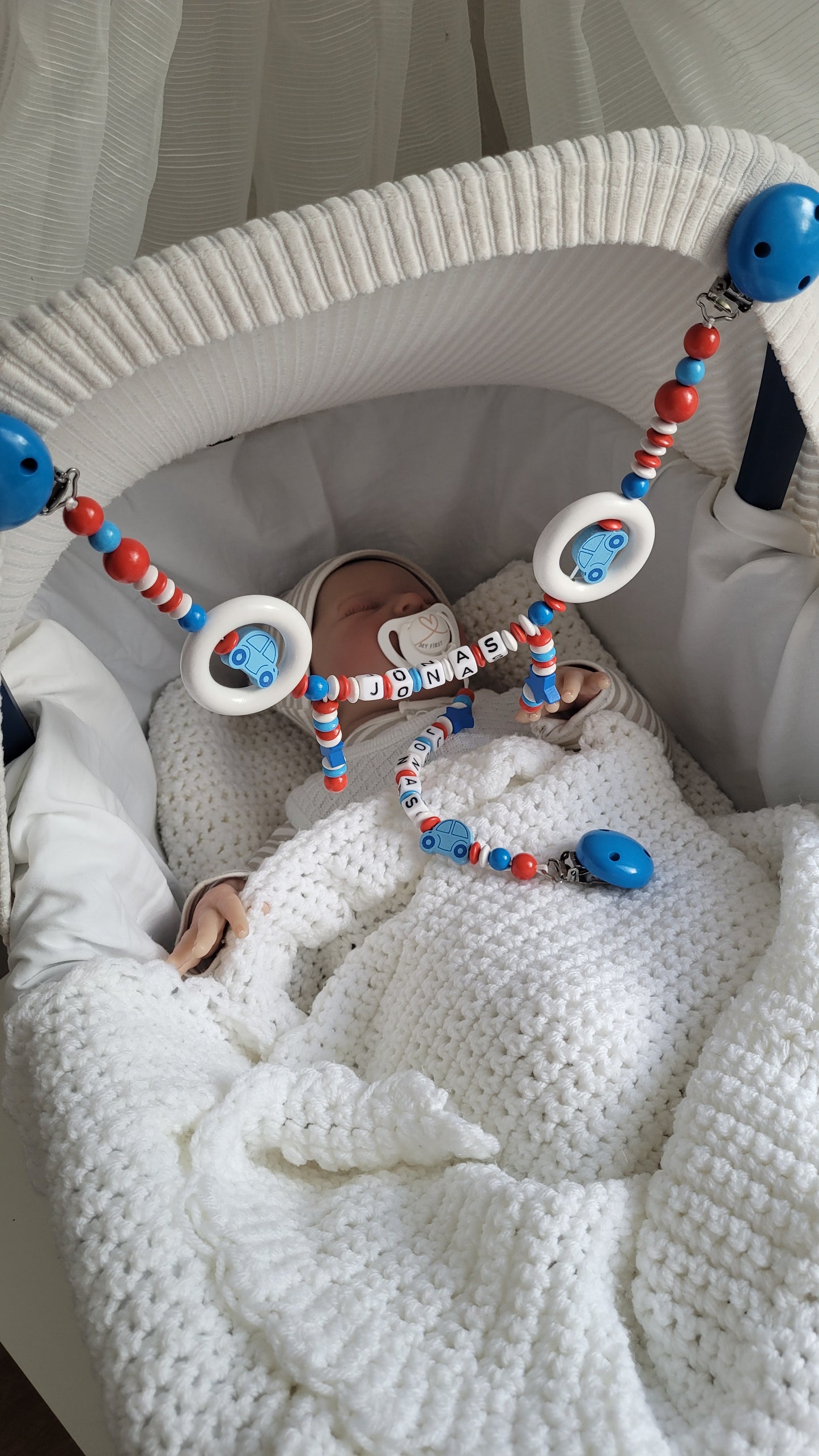 Kinderwagenkette & Schnullerkette mit Namen Auto Spielringe