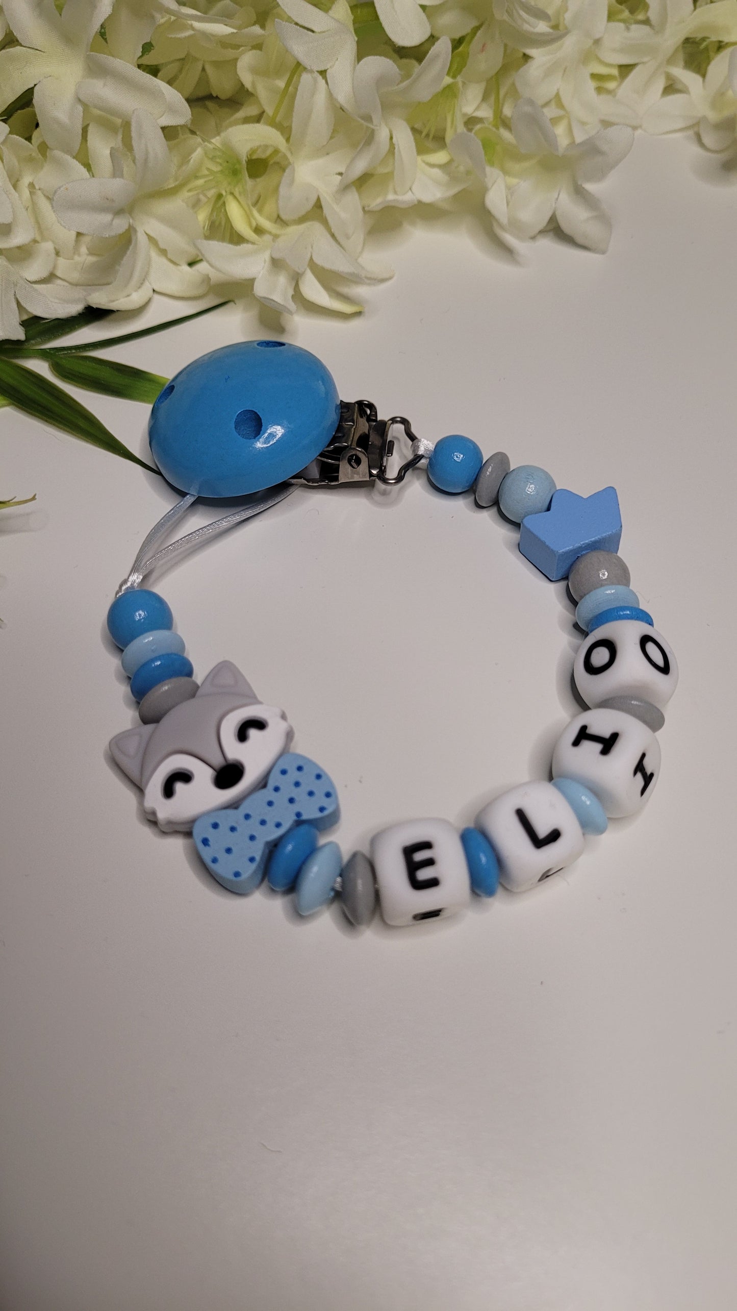 Kinderwagenkette & Schnullerkette Fuchs personalisiert blau grau