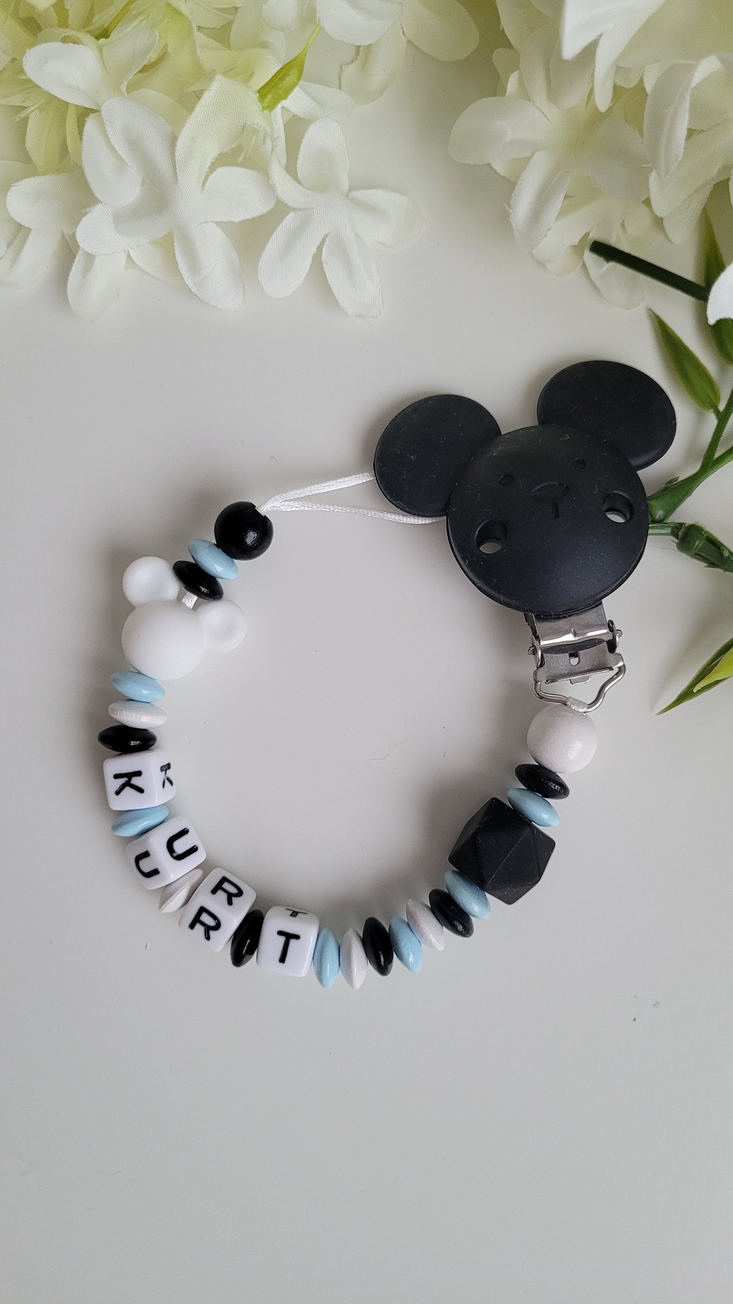 Schnullerkette für Jungen * Mickey Maus* hellblau schwarz weiß