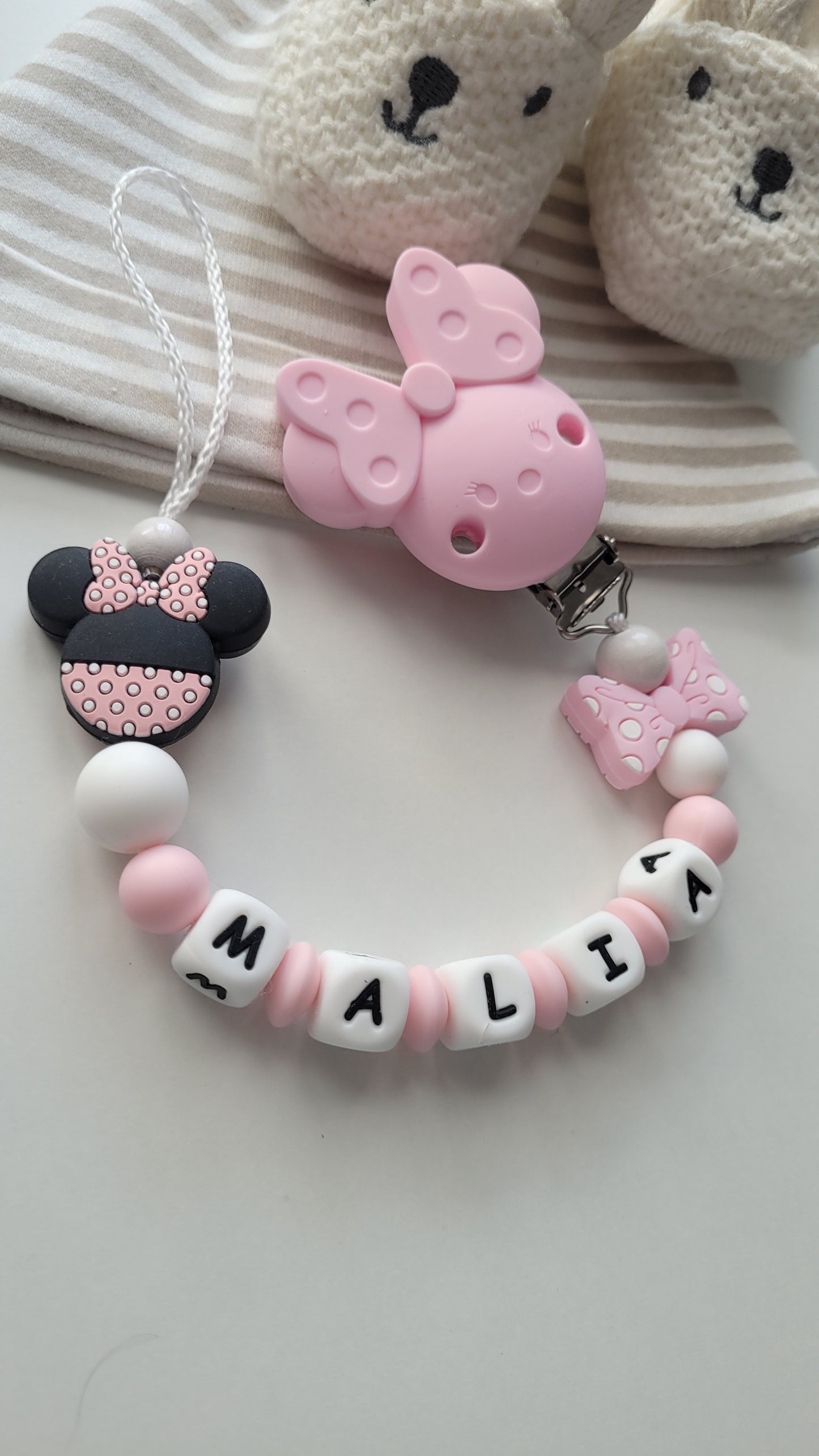 Schnullerkette mit Namen für Mädchen Maus & Schleife rosa weiss