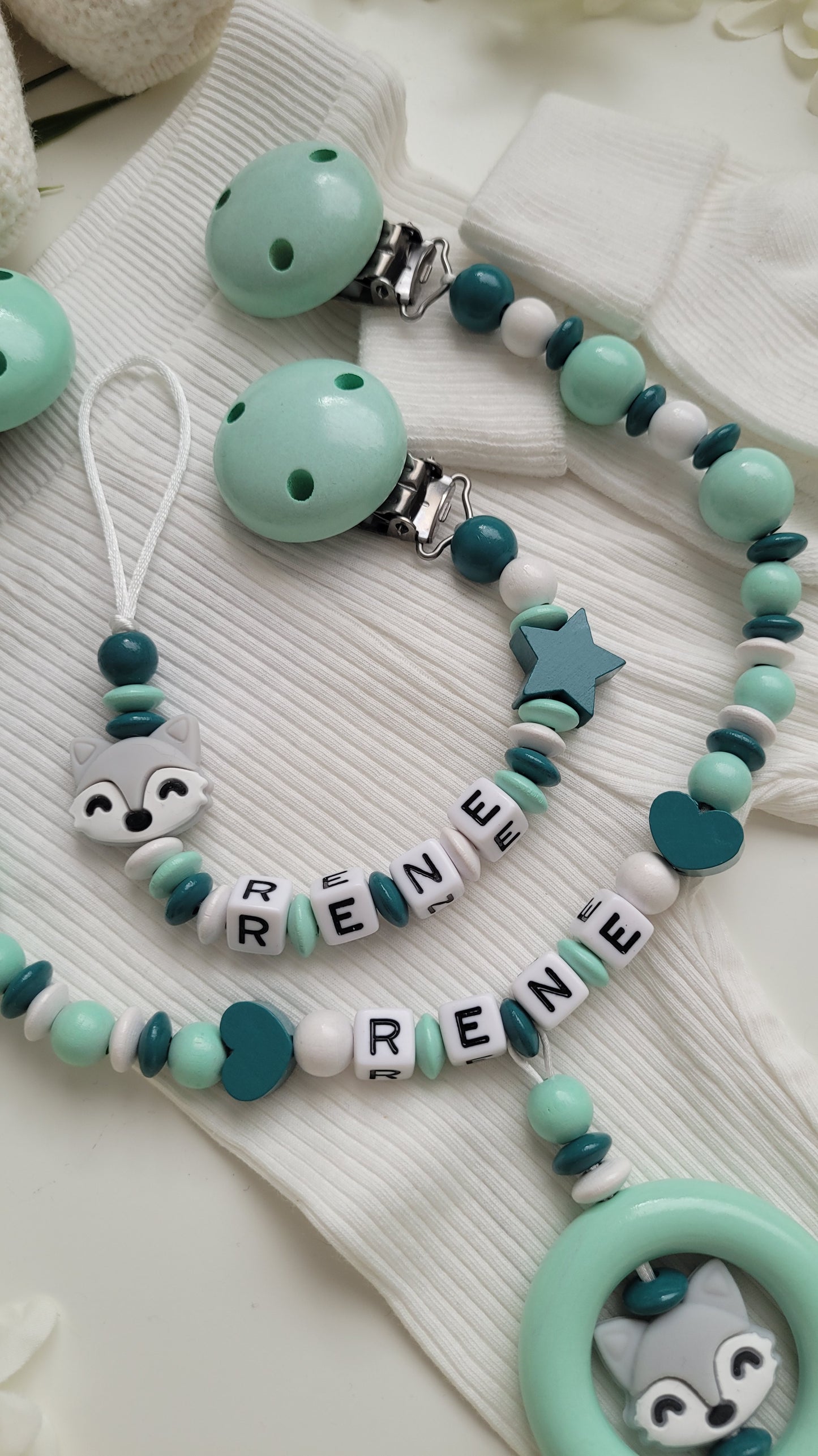 Schnullerkette & Kinderwagenkette Fuchs türkis mint