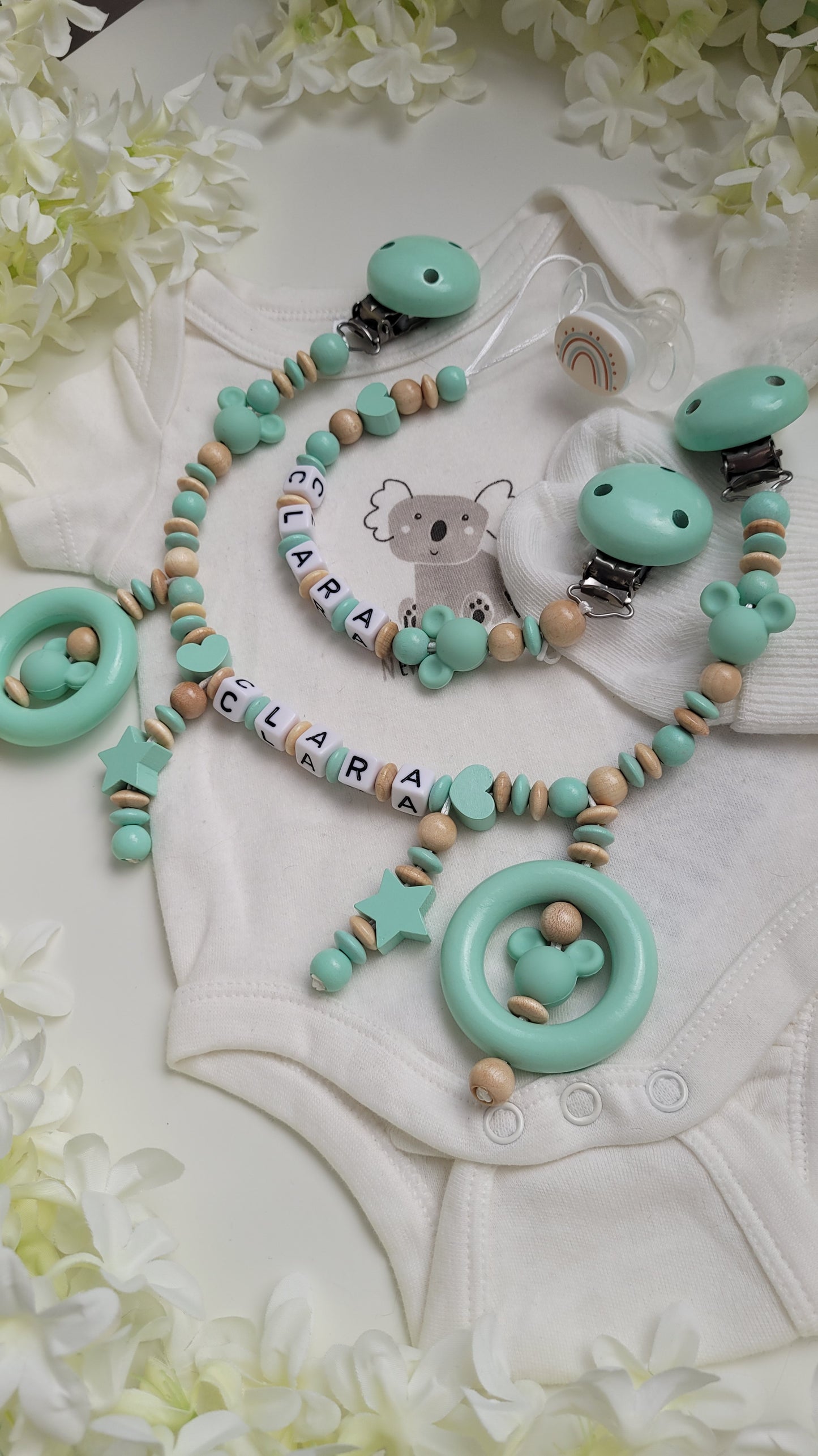 Kinderwagenkette & Schnullerkette Set Maus mint holz