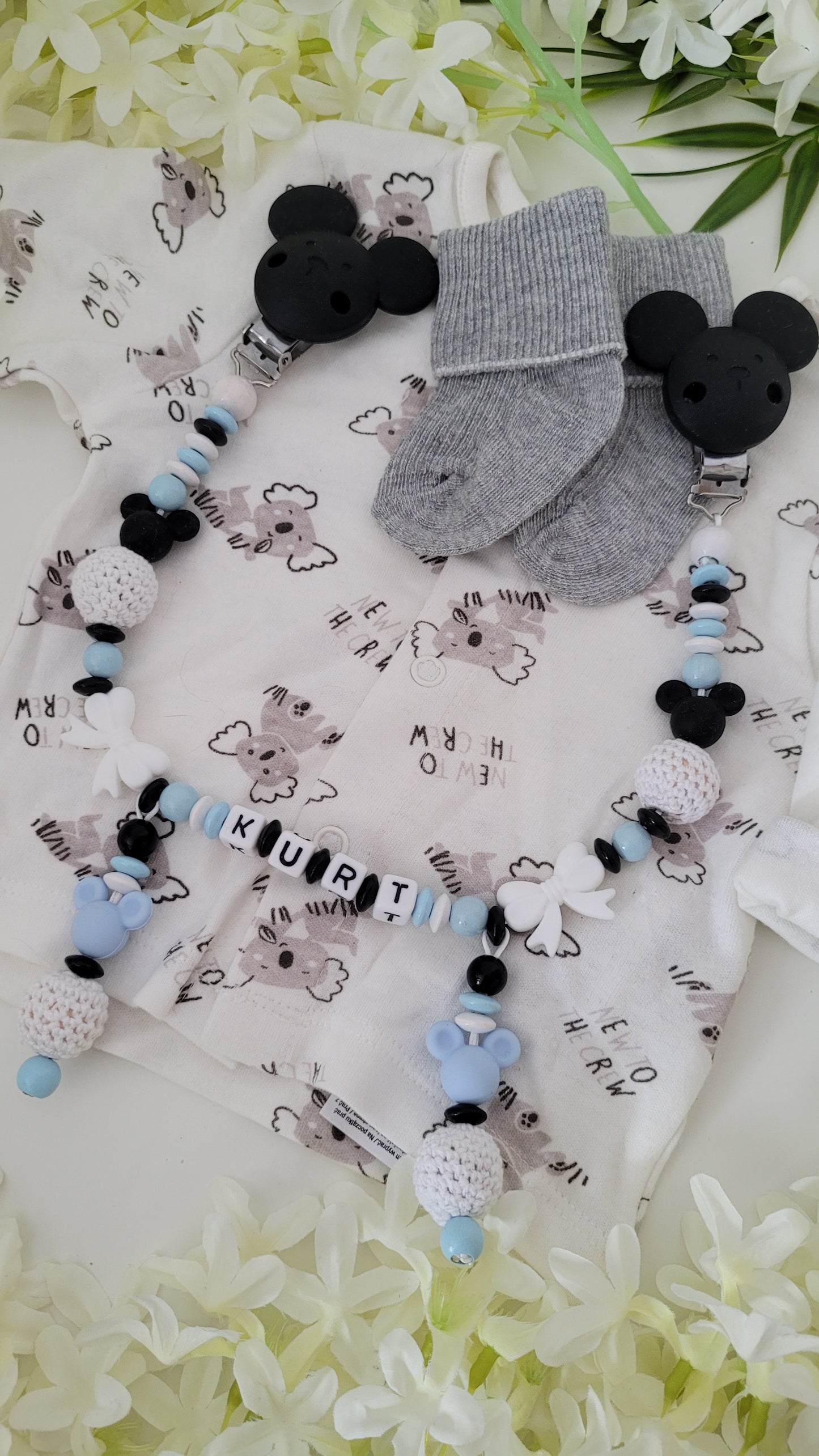 Kinderwagenkette & Schnullerkette * Maus* blau schwarz weiß