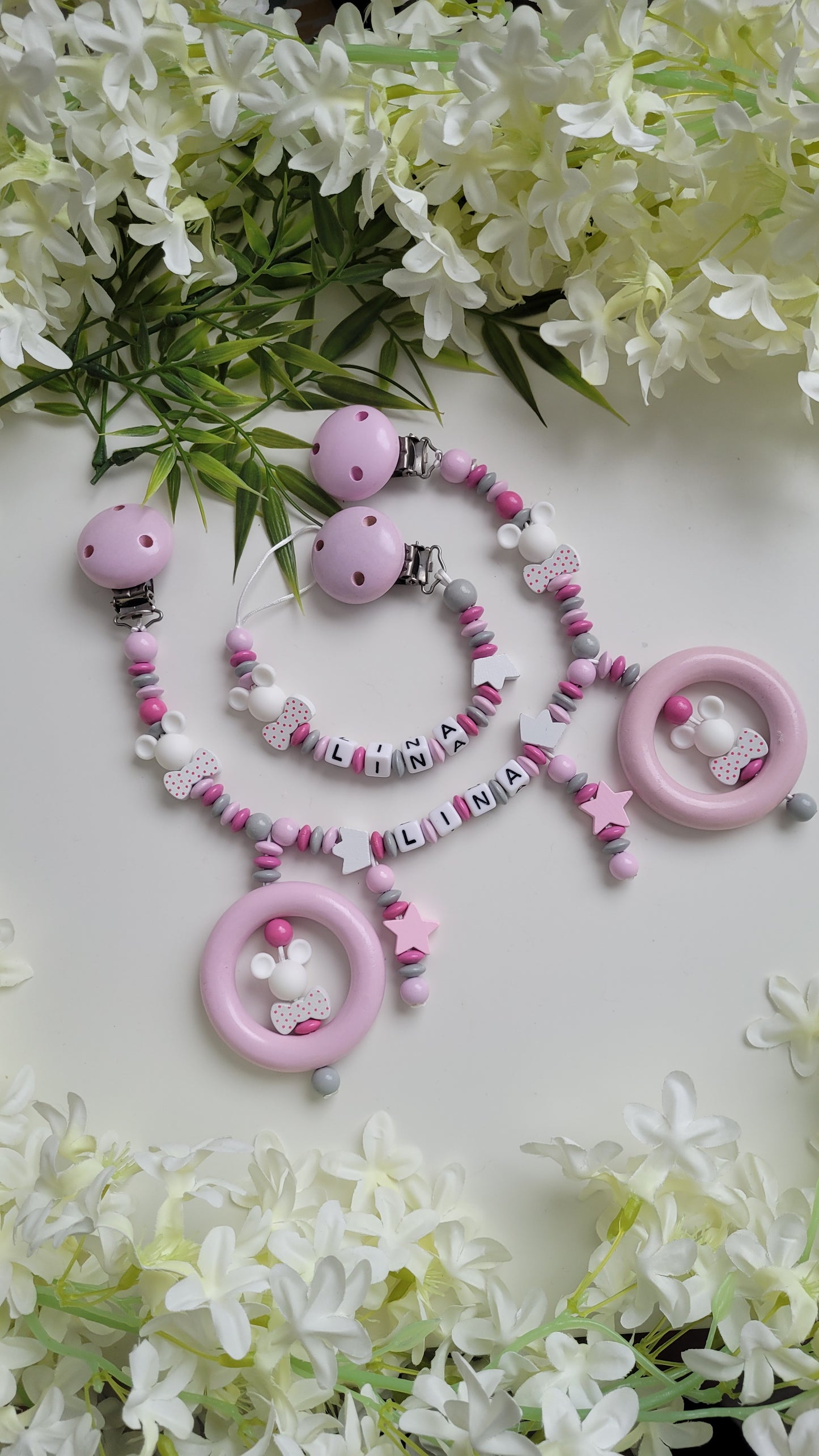 Kinderwagenkette & Schnullerkette Pink Minnie mit Namen für Mädchen