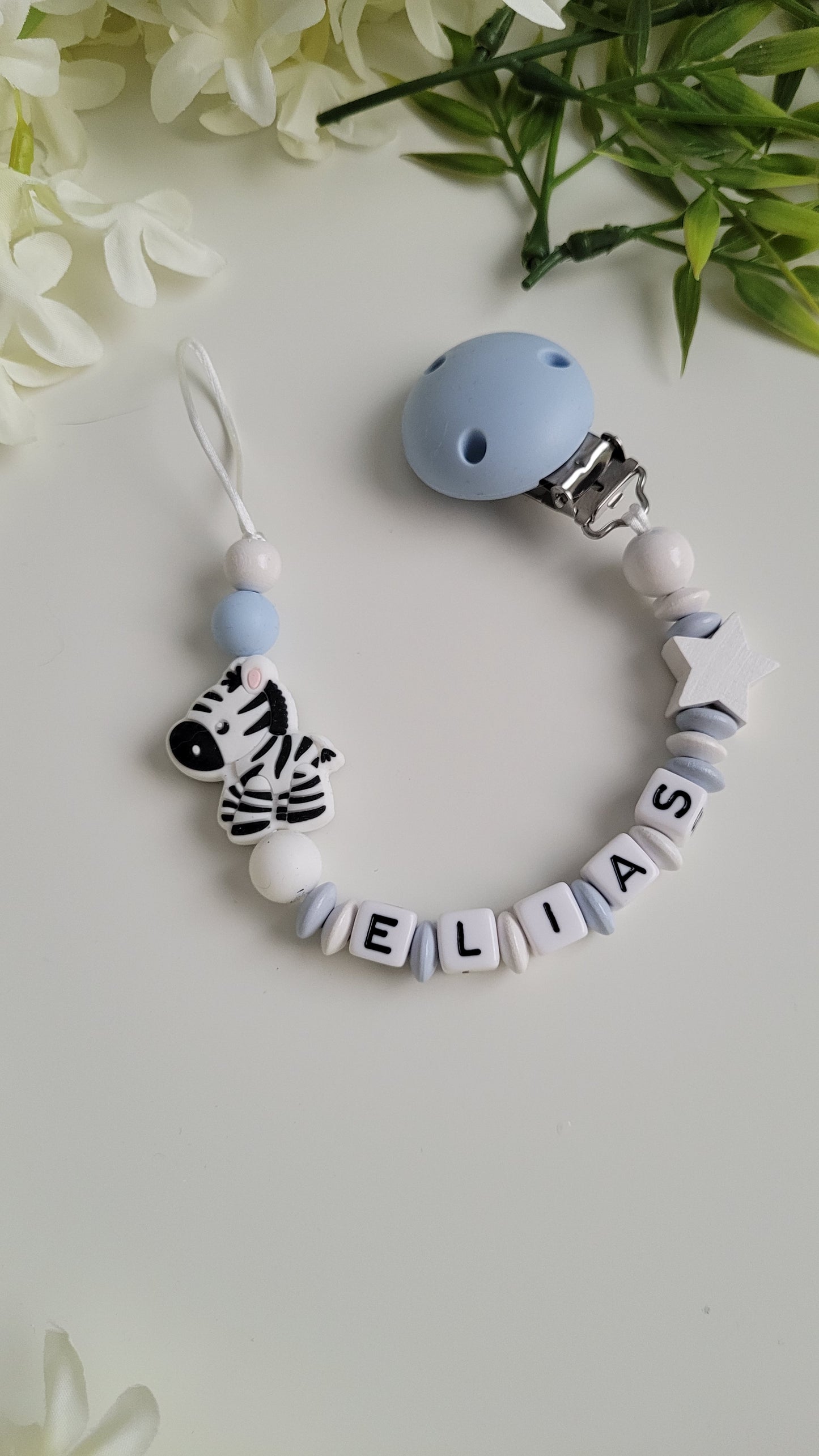 Schnullerkette * Zebra* hellblau weiss