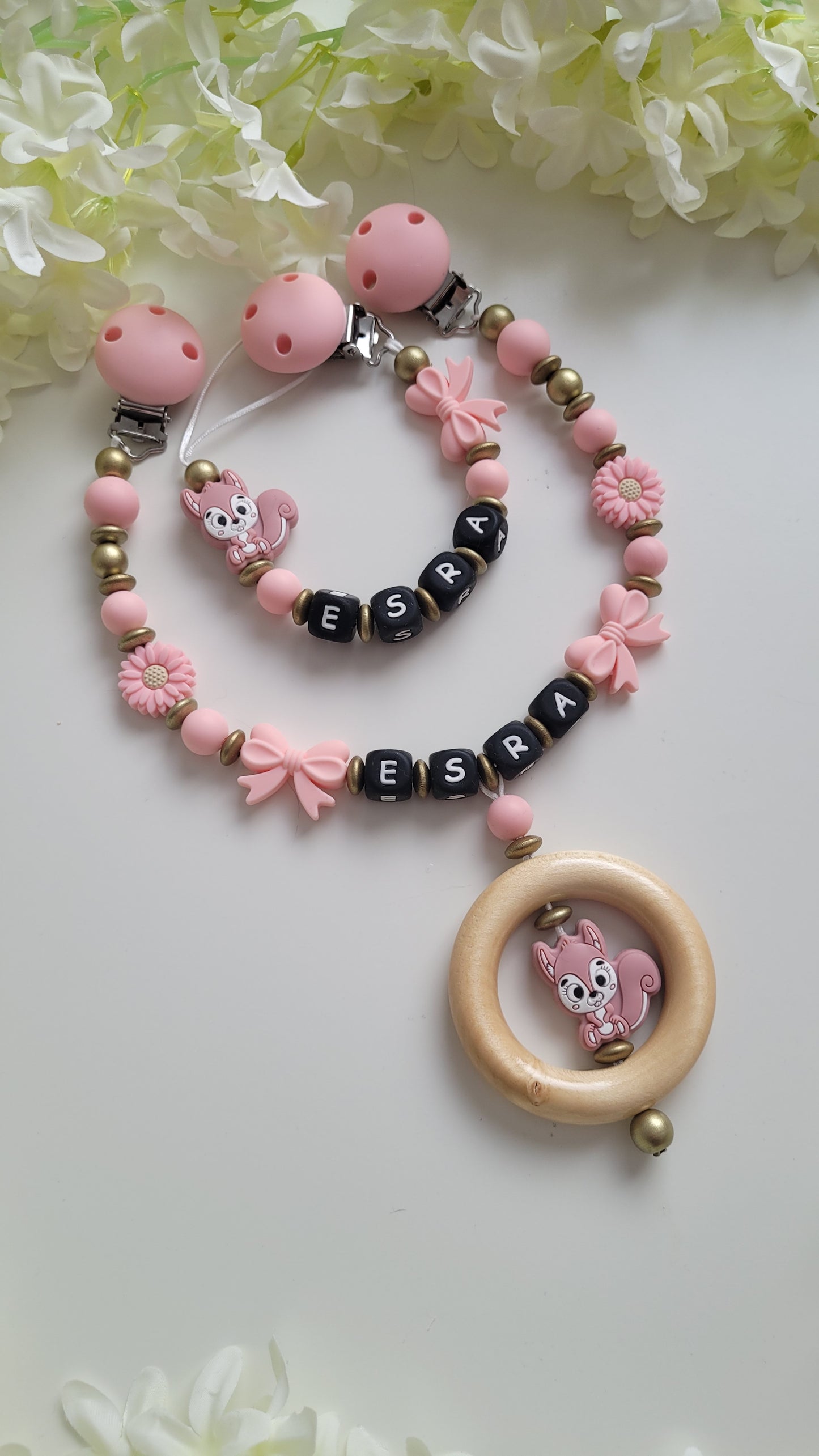 Kinderwagenkette & Schnullerkette * Eichhörnchen* gold rosa