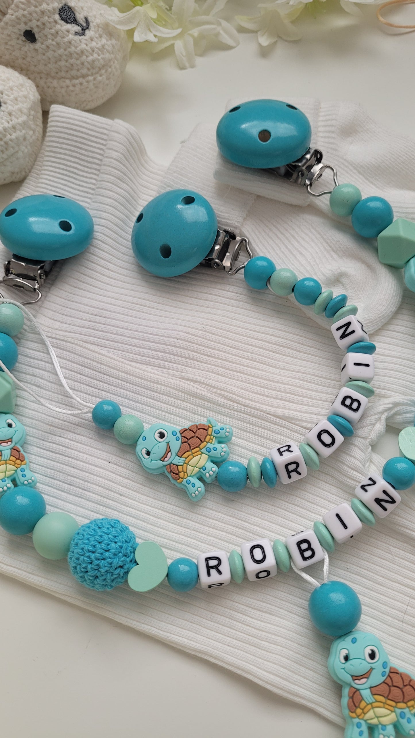 Kinderwagenkette & Schnullerkette mit Namen Schildkröte mint türkis