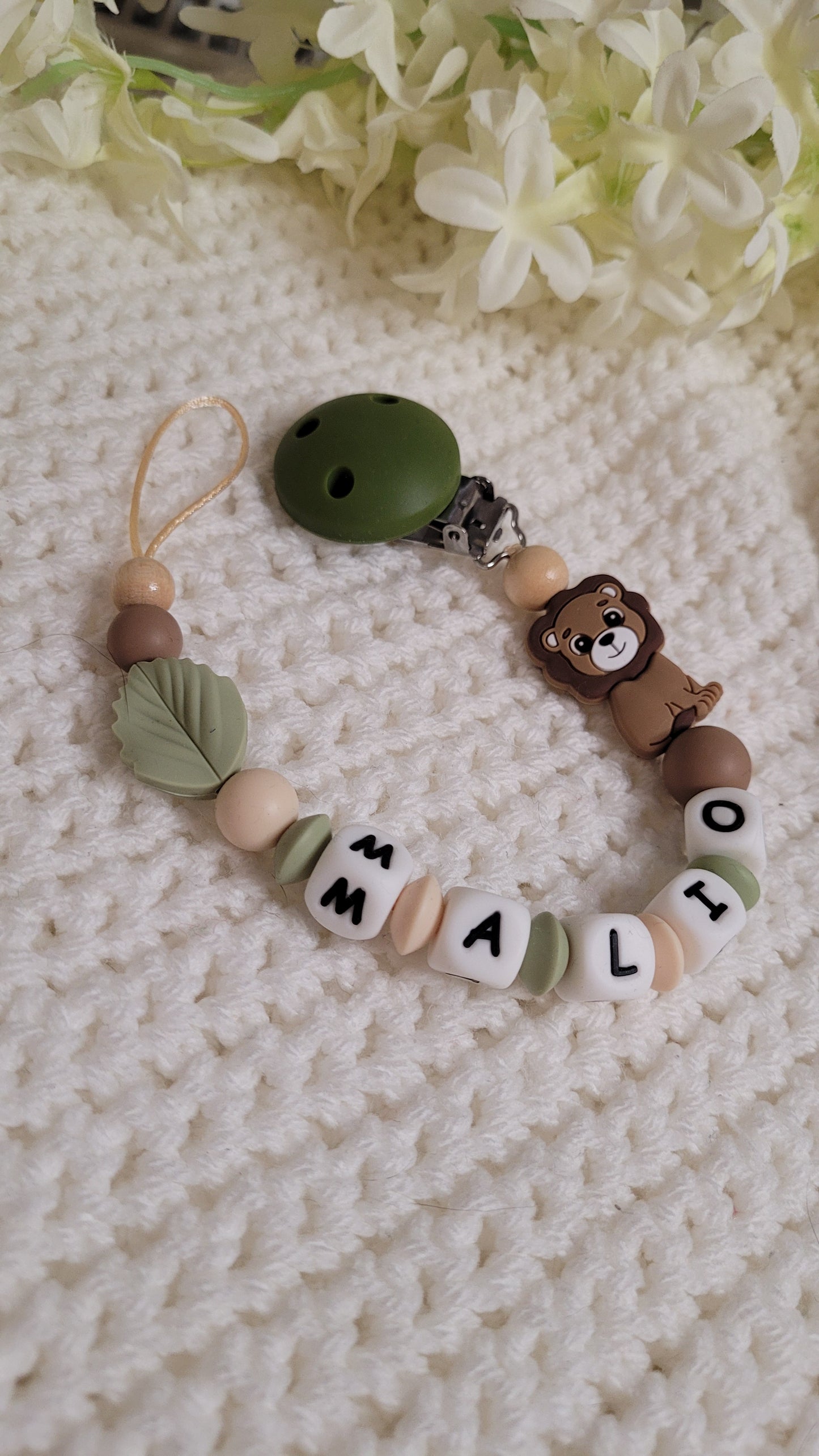 Schnullerkette für Jungen mit Namen Löwe 🦁 Braun beige grün
