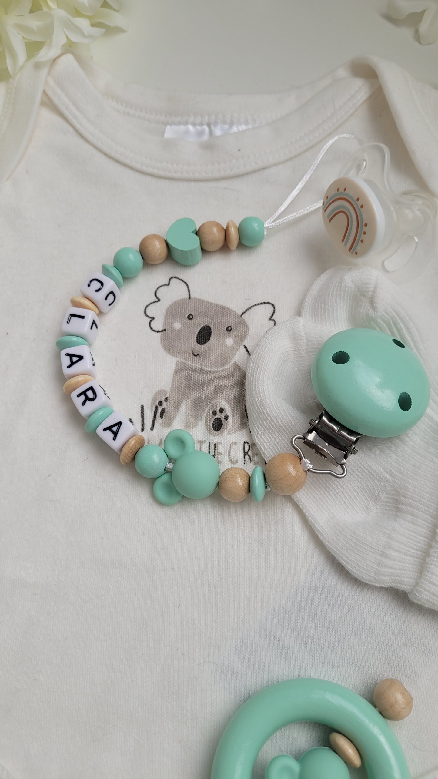 Kinderwagenkette & Schnullerkette Set Maus mint holz