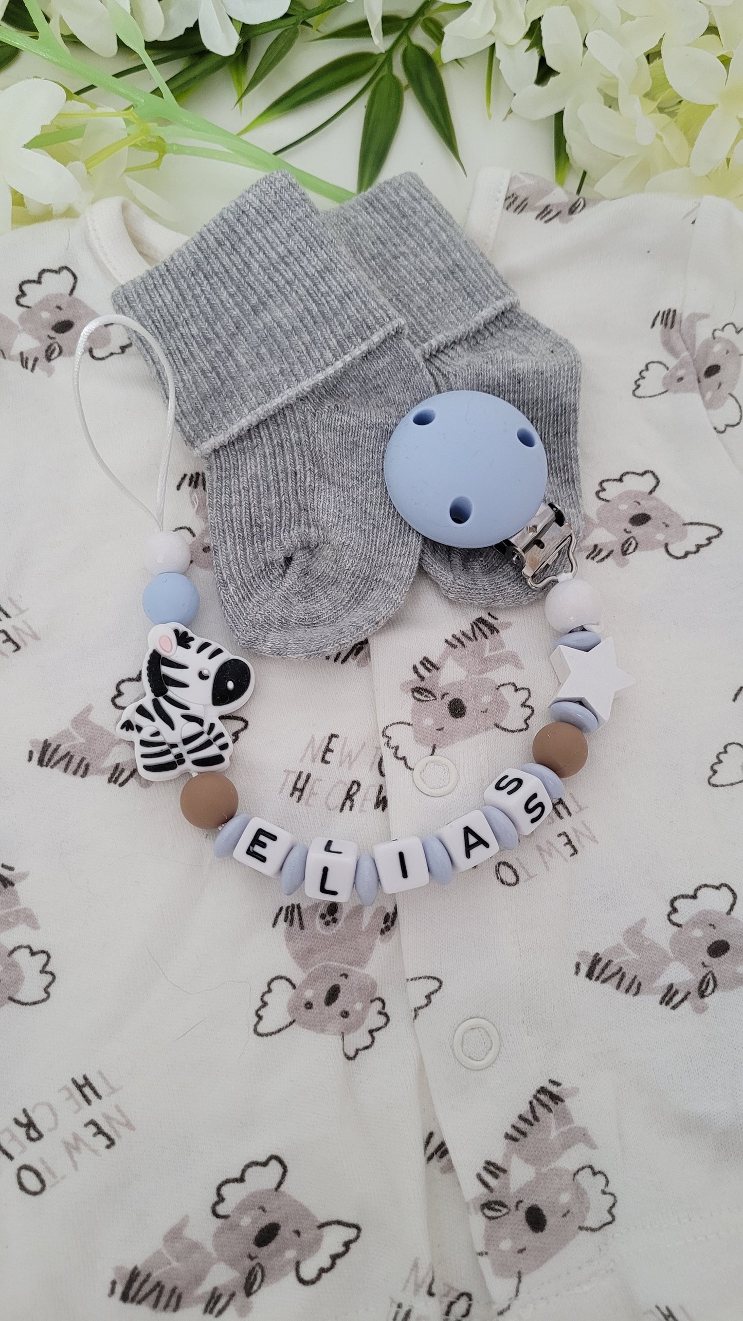 Kinderwagenkette & Schnullerkette * Zebra* blau grau
