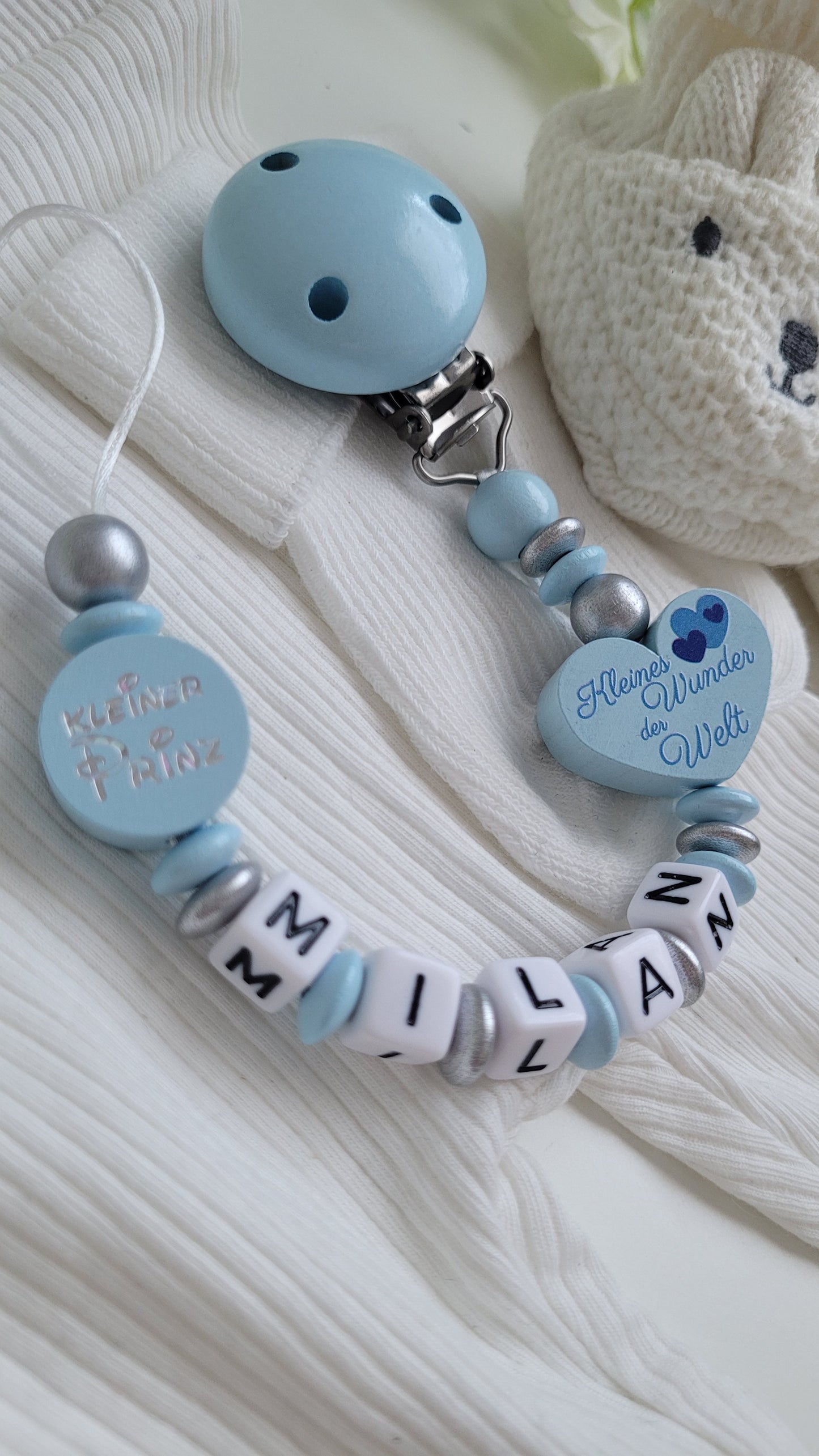 Schnullerkette mit Namen für Jungen Kleines Wunder der Welt & kleiner Prinz silber