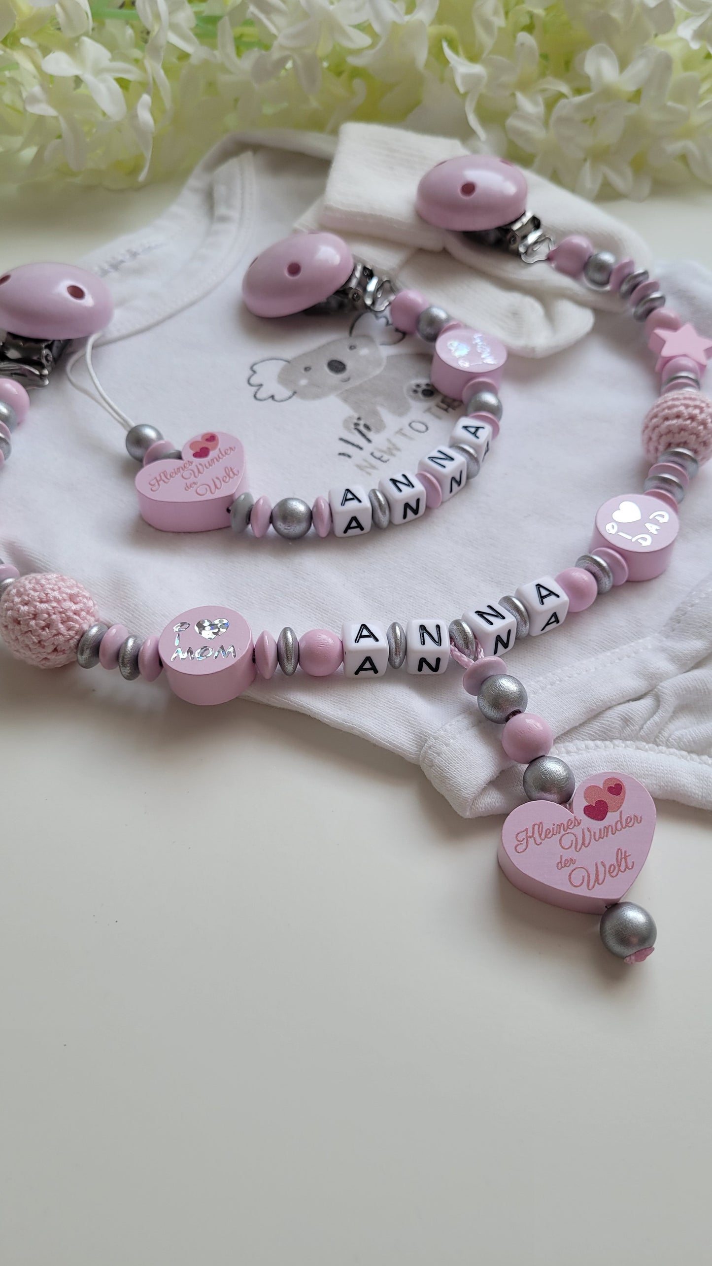 Kinderwagenkette & Schnullerkette mit Namen Kleines Wunder