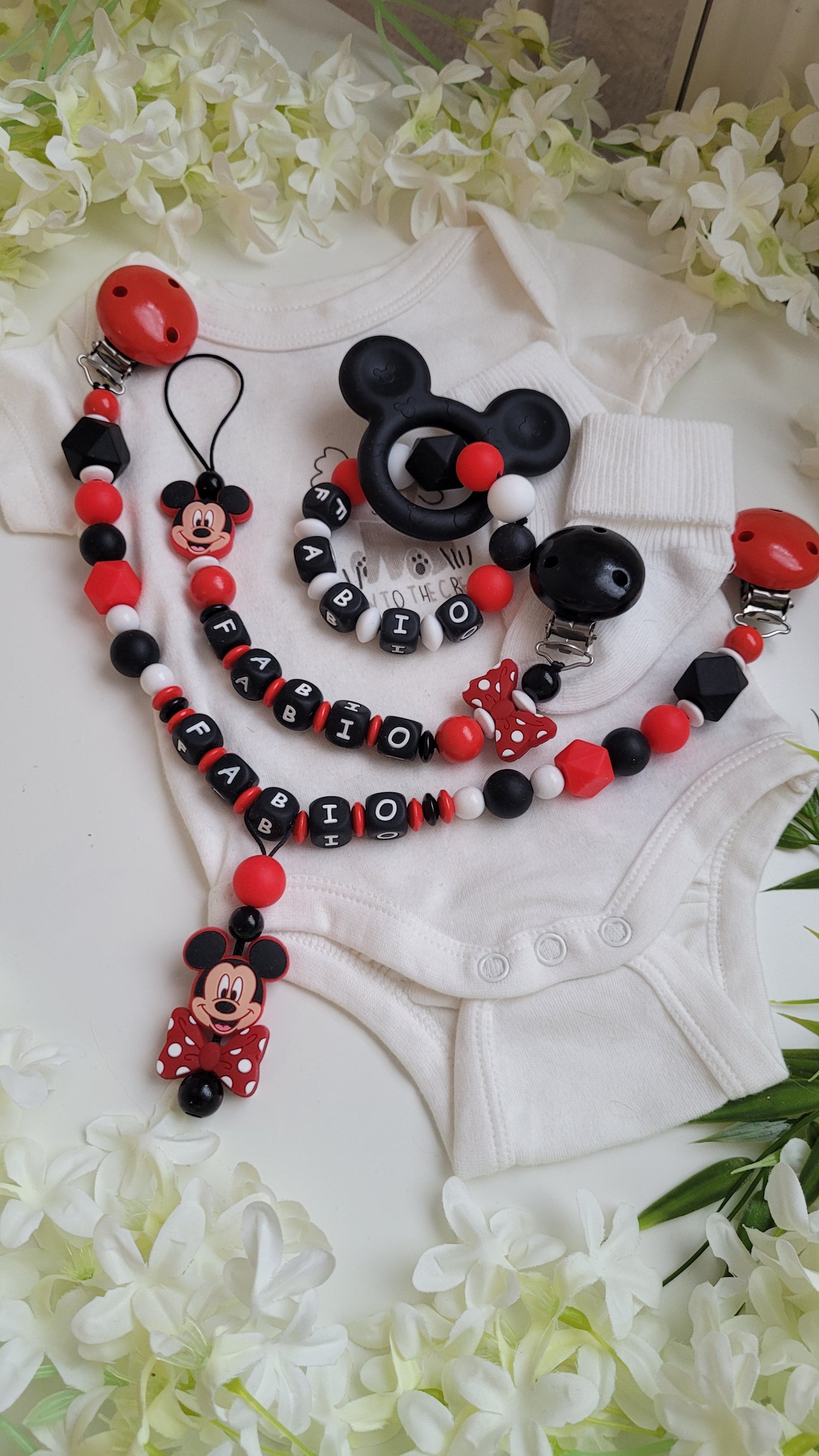 3tlg Set Schnullerkette Kinderwagenkette Greifling Mickey Maus schwarz rot