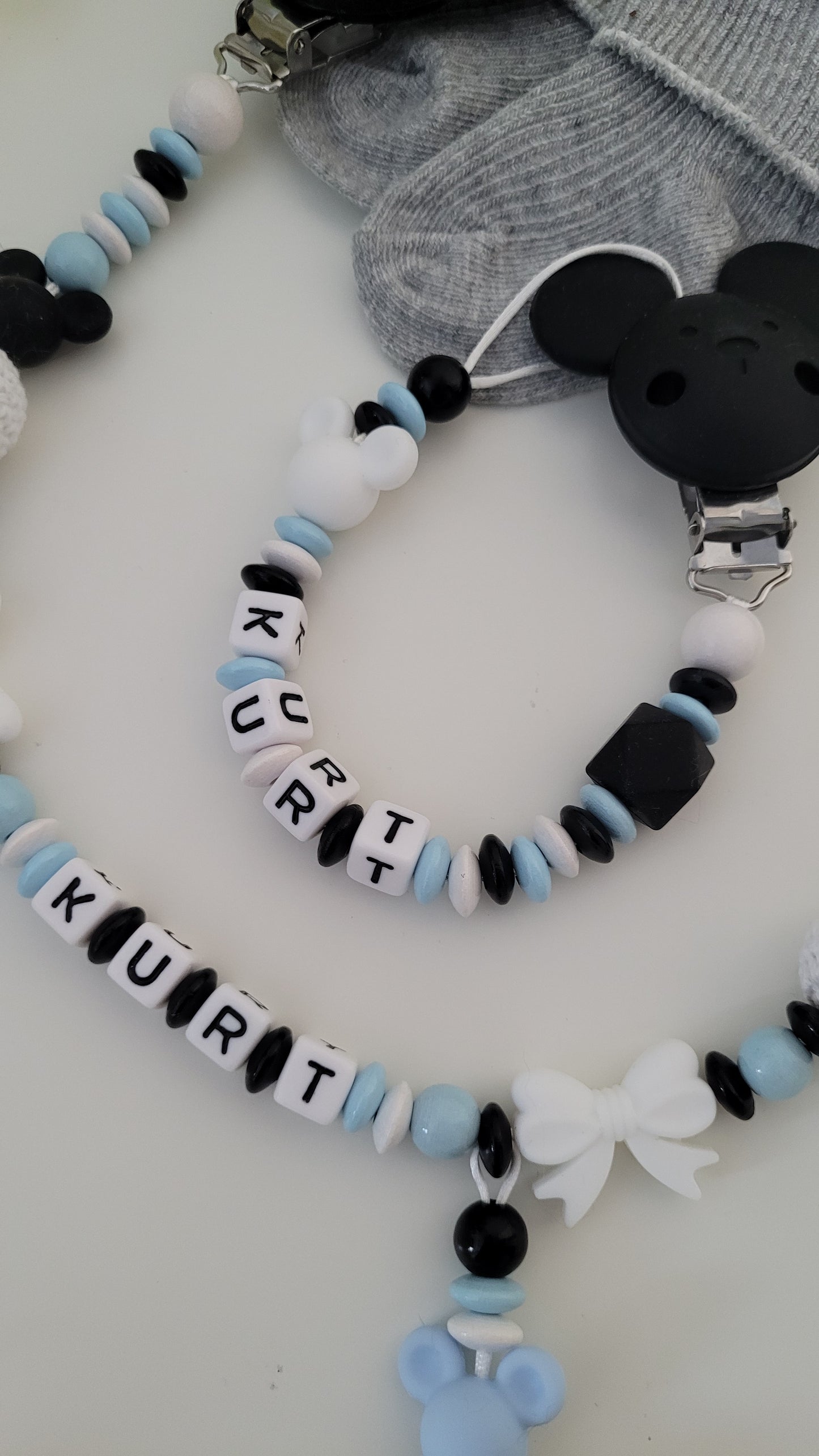 Kinderwagenkette & Schnullerkette * Maus* blau schwarz weiß