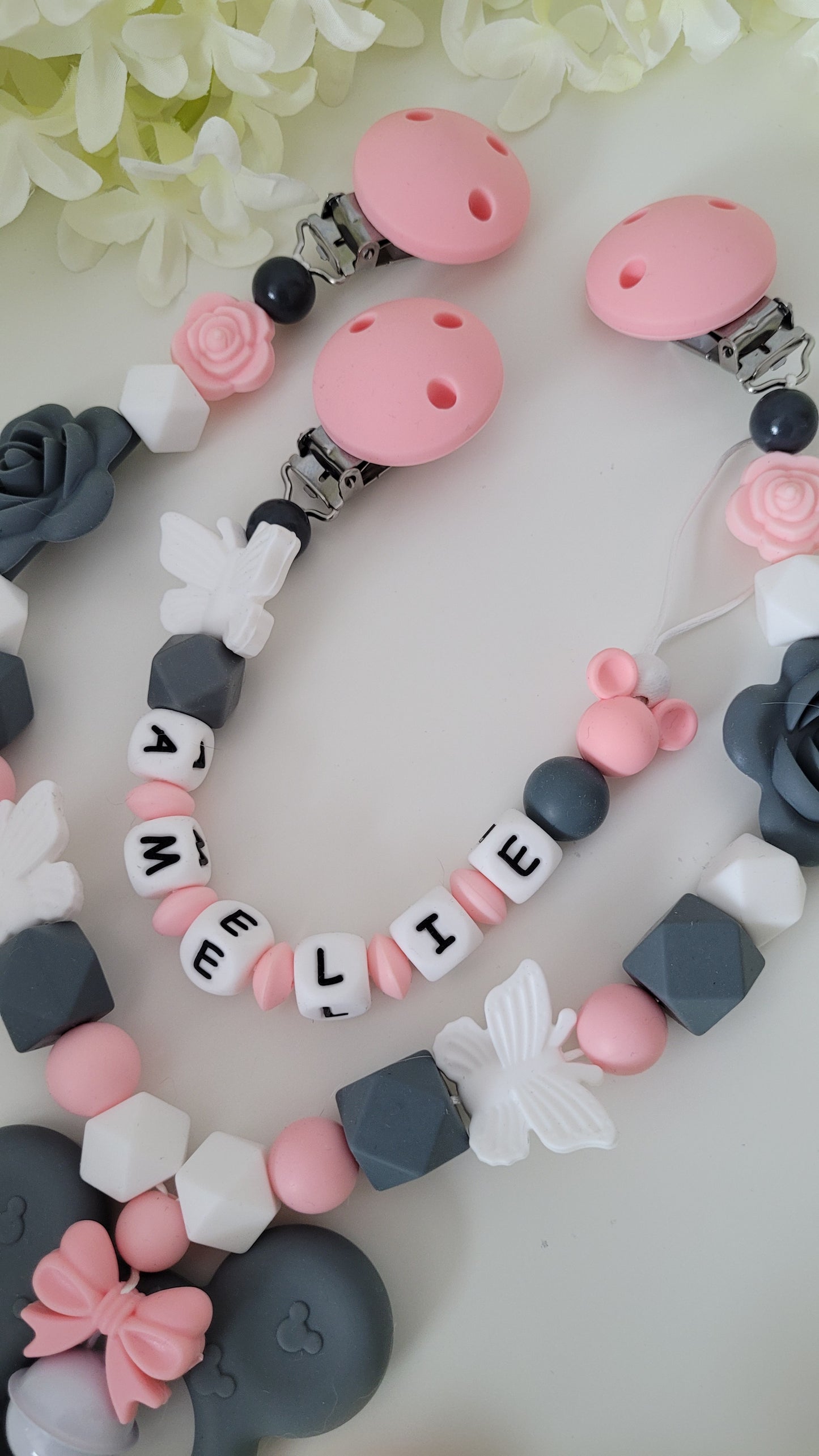 Kinderwagenkette & Schnullerkette Maus peach grau