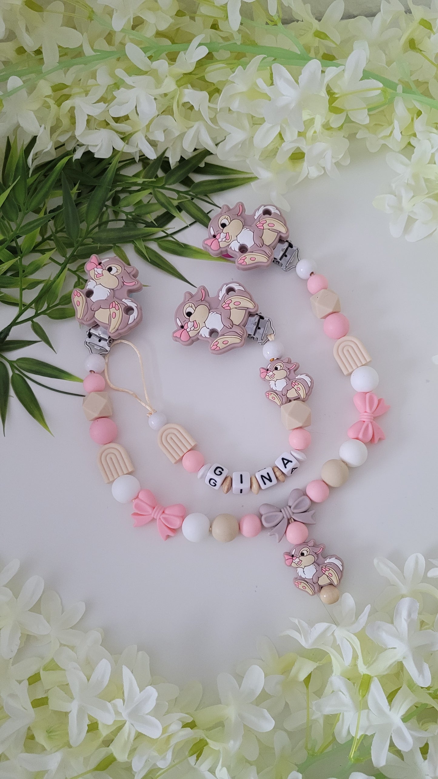 Kinderwagenkette & Schnullerkette *Häschen* peach beige weiss