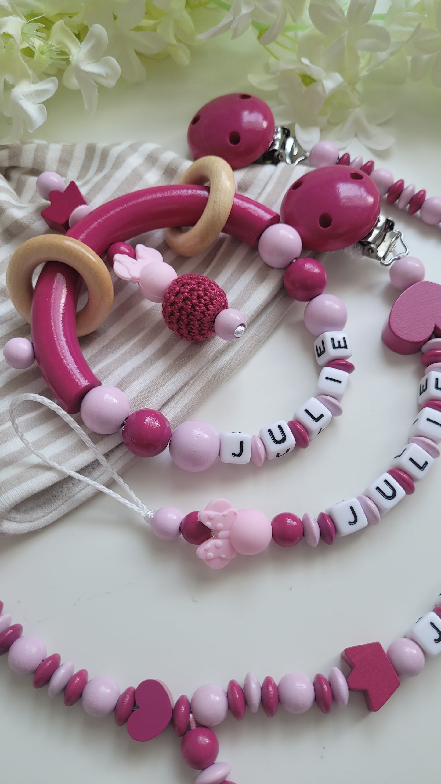 Komplett Set 3tlg Schnullerkette Kinderwagenkette Greifring mit Namen Minnie Maus pink rosa