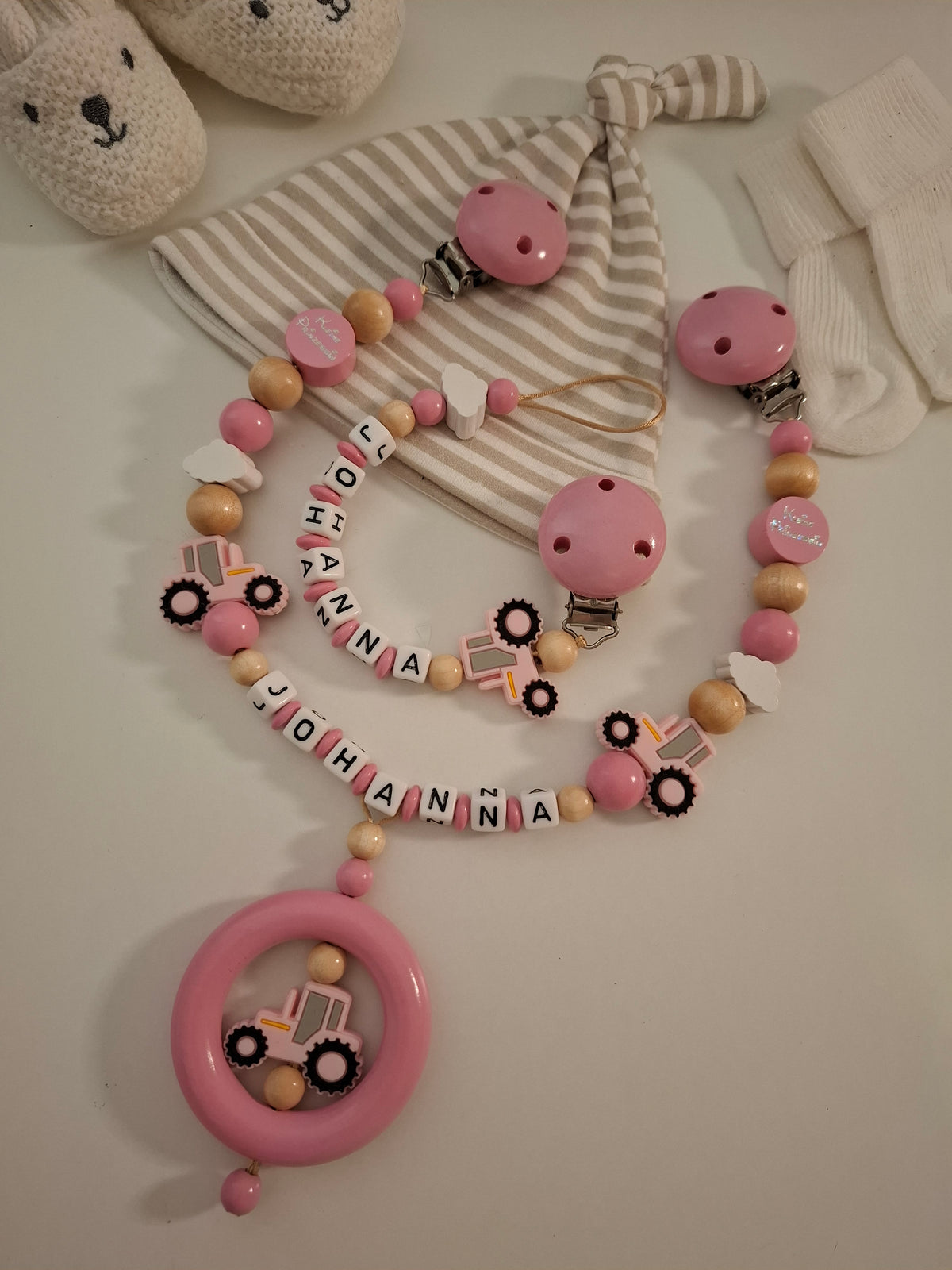 Kinderwagenkette & Schnullerkette Set mit Namen Traktor babyrosa Silikon | personalisiert