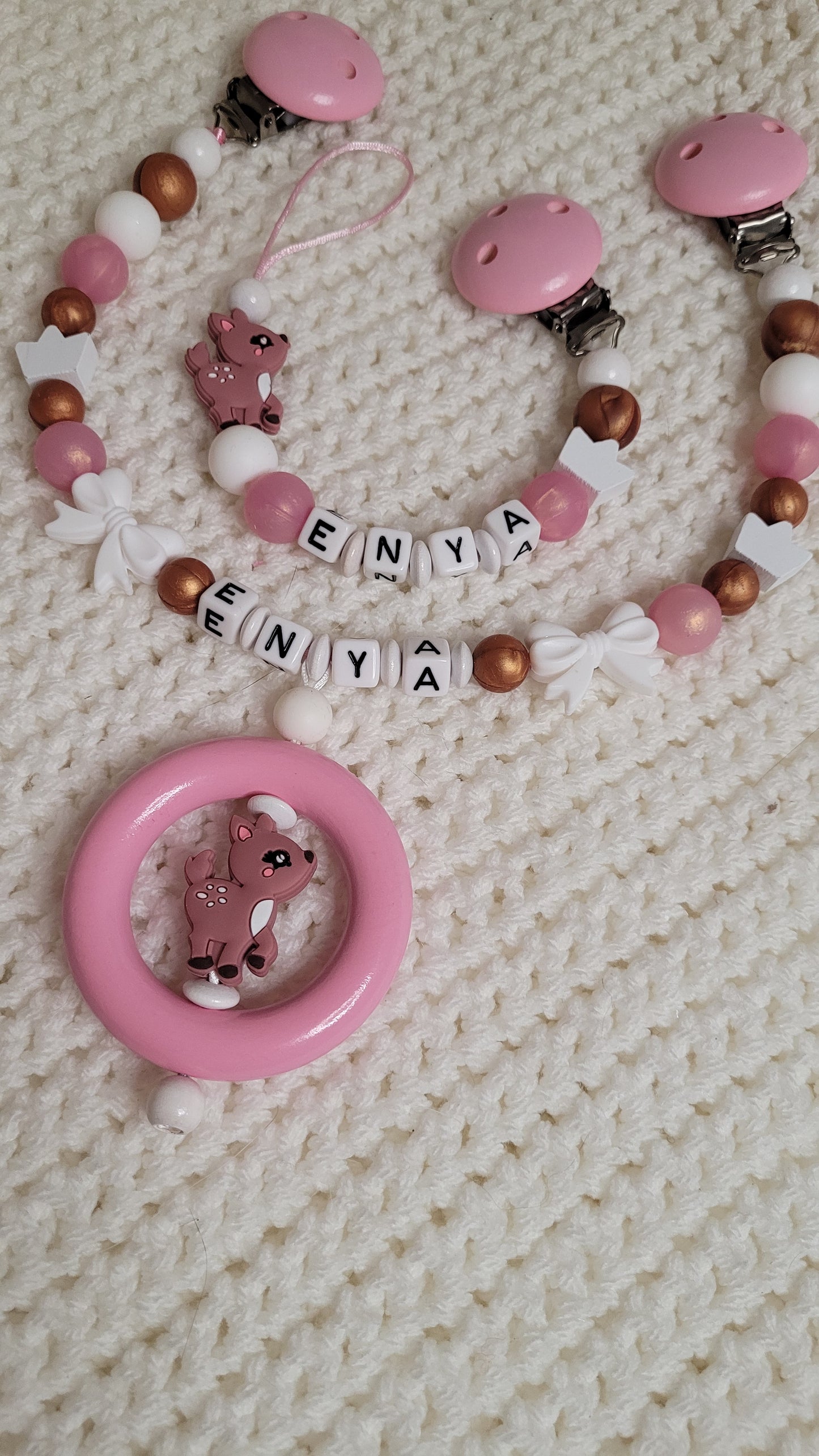 Kinderwagenkette & Schnullerkette mit Namen Mädchen Rehe Rosa Perlmutt Kupfer