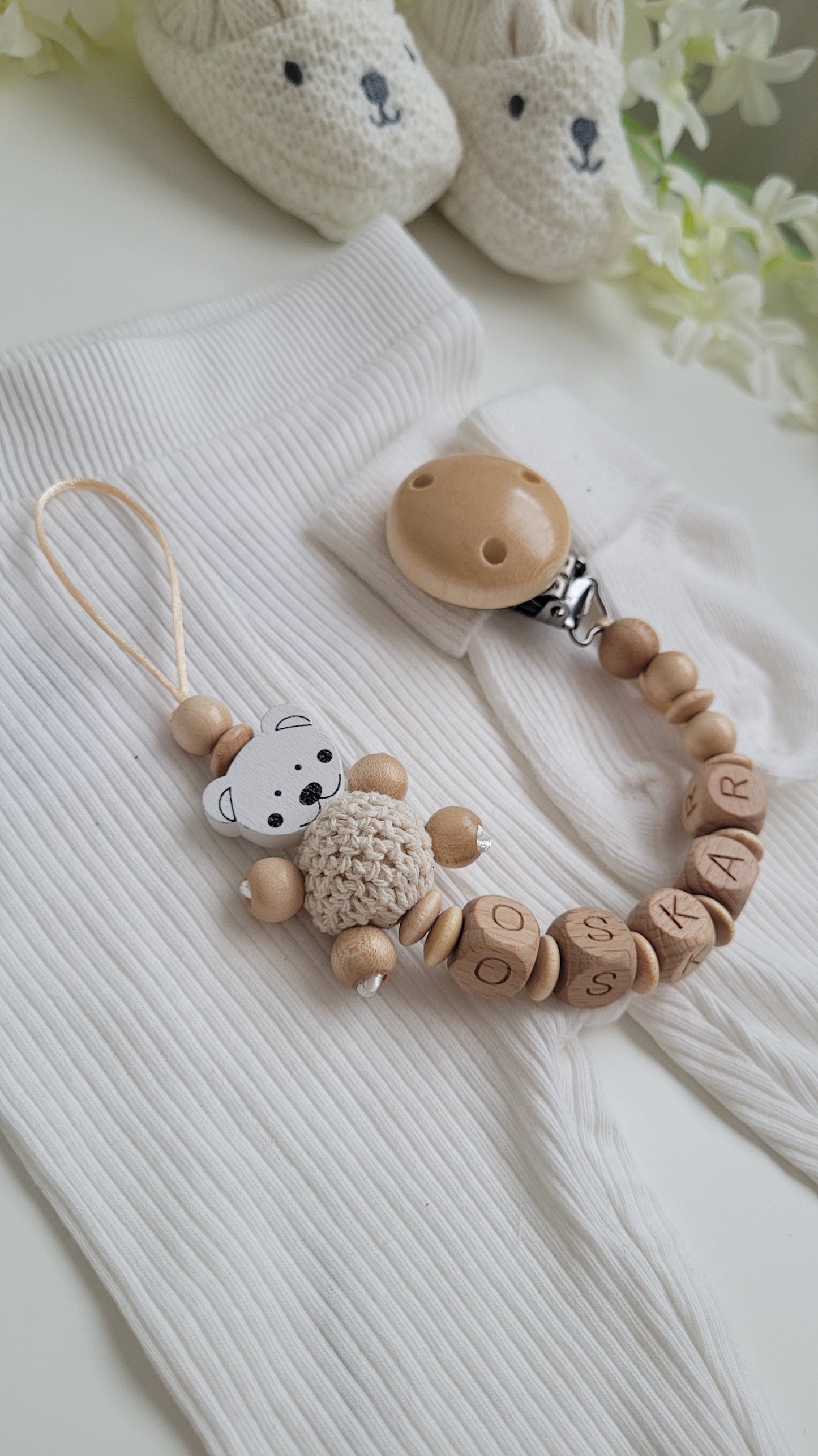 Schnullerkette mit Namen Bärchen holz