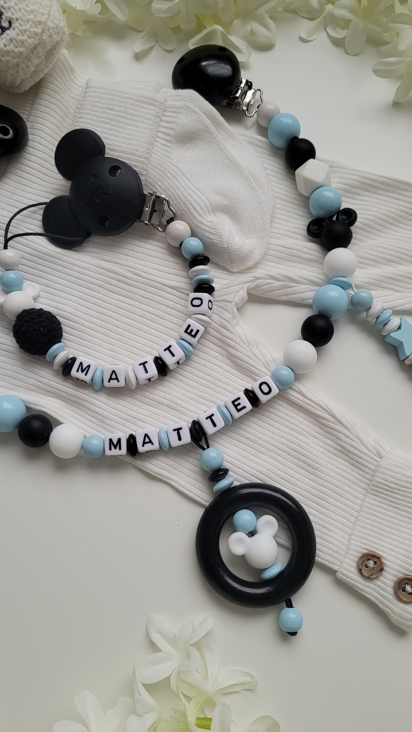 Kinderwagenkette & Schnullerkette * Maus* blau schwarz weiß