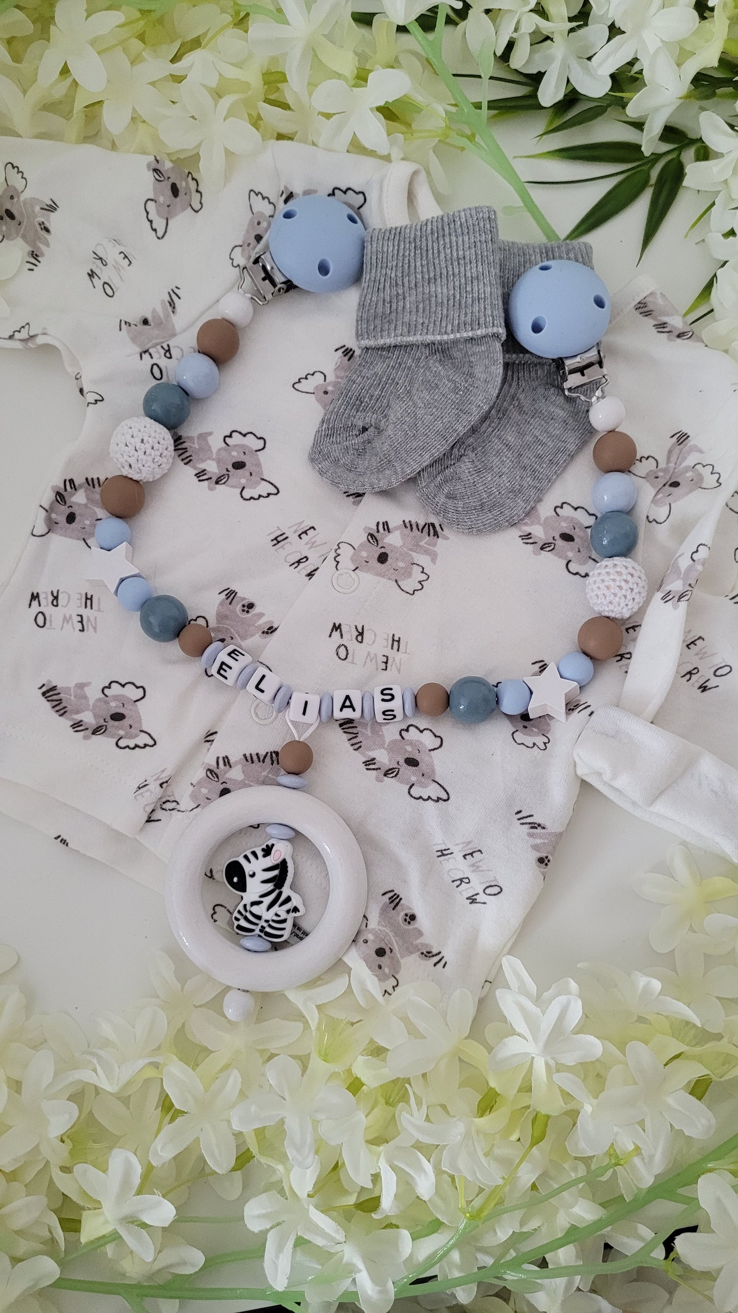 Kinderwagenkette & Schnullerkette Zebra blau grau