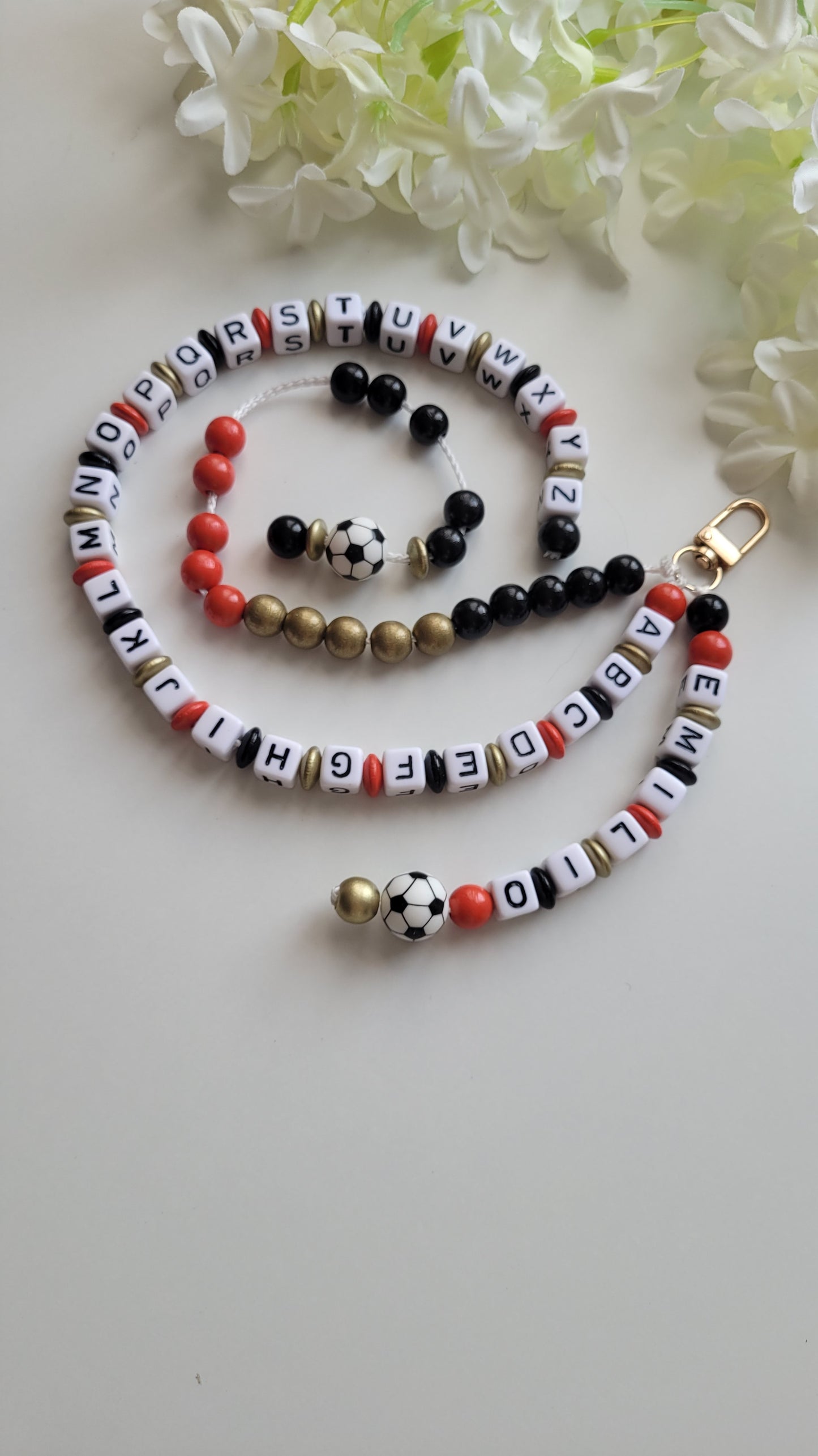 ABC & Rechenkette Fussball personalisierbar Holzperlen + Buchstaben