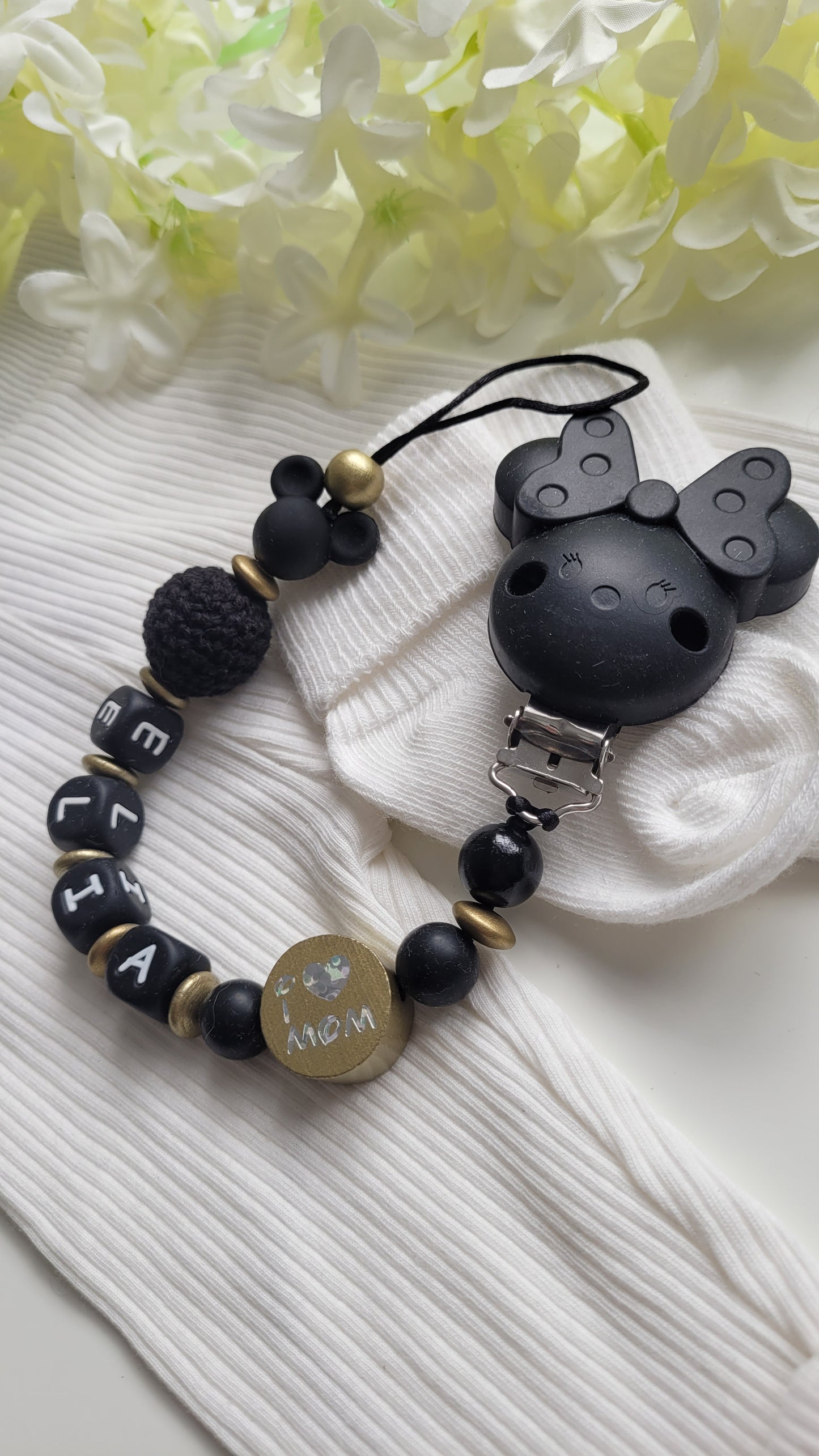 Schnullerkette mit Namen für Mädchen Maus schwarz gold i love Dad/ i love Mom