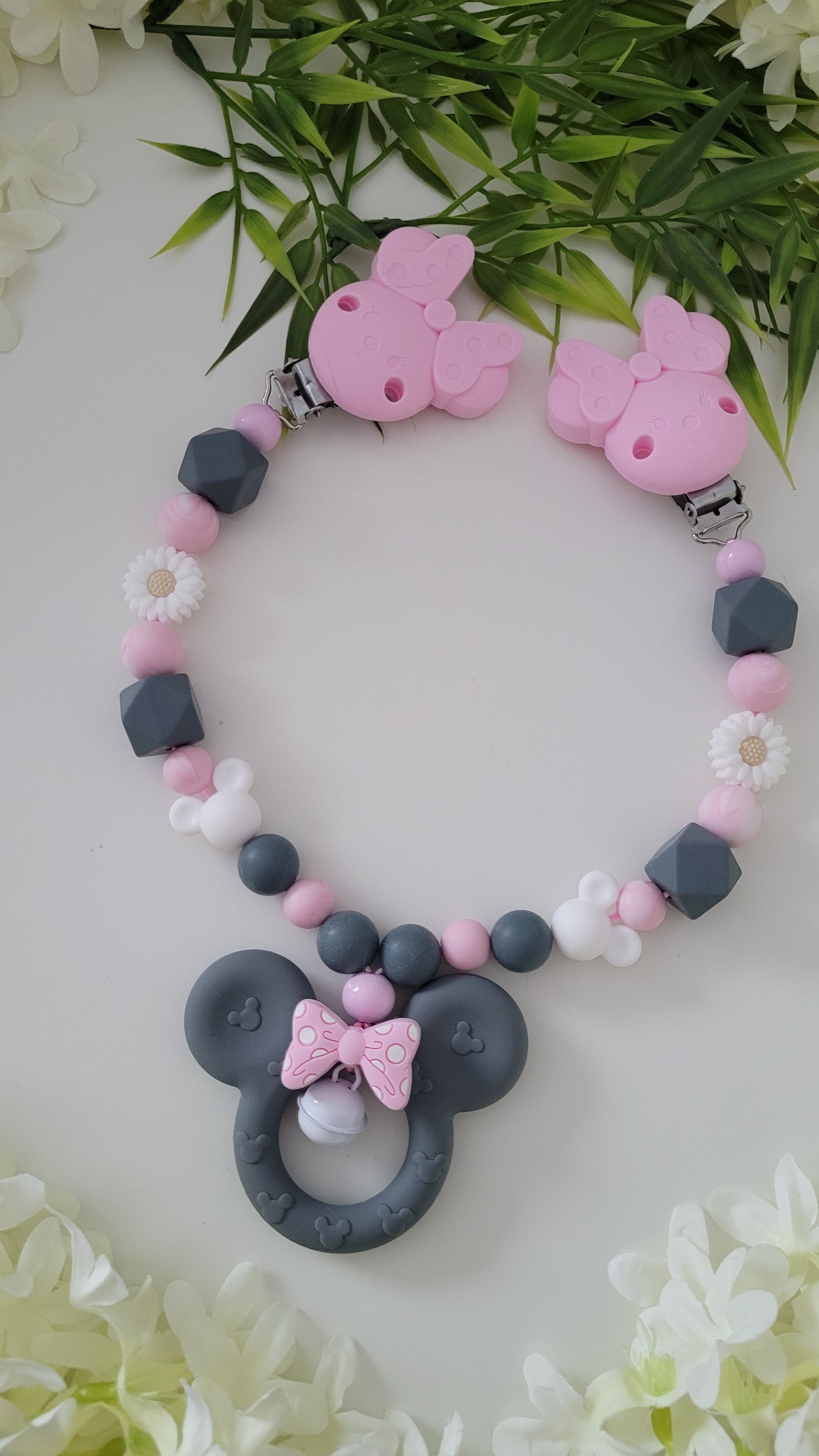Kinderwagenkette & Schnullerkette *Minnie* grau rosa