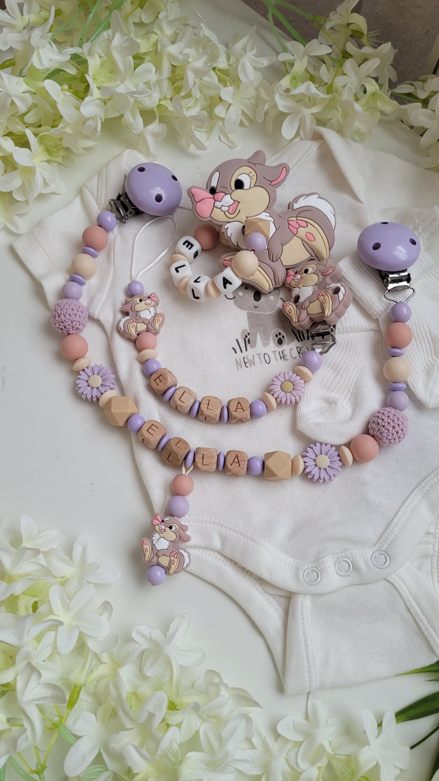 3tlg Set Schnullerkette Kinderwagenkette Greifling Hase