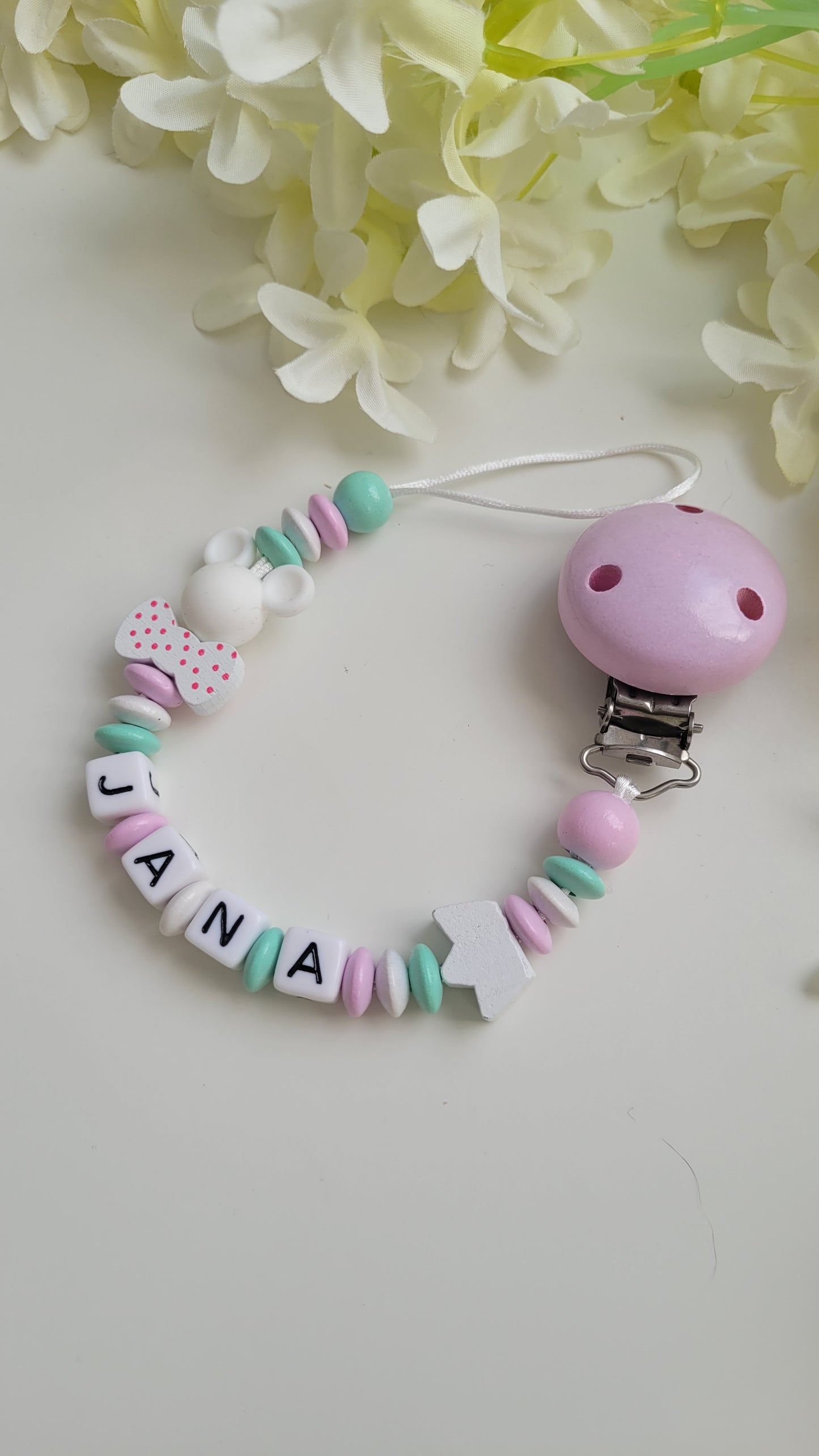 Schnullerkette mit Namen für Mädchen Mäuschen rosa mint