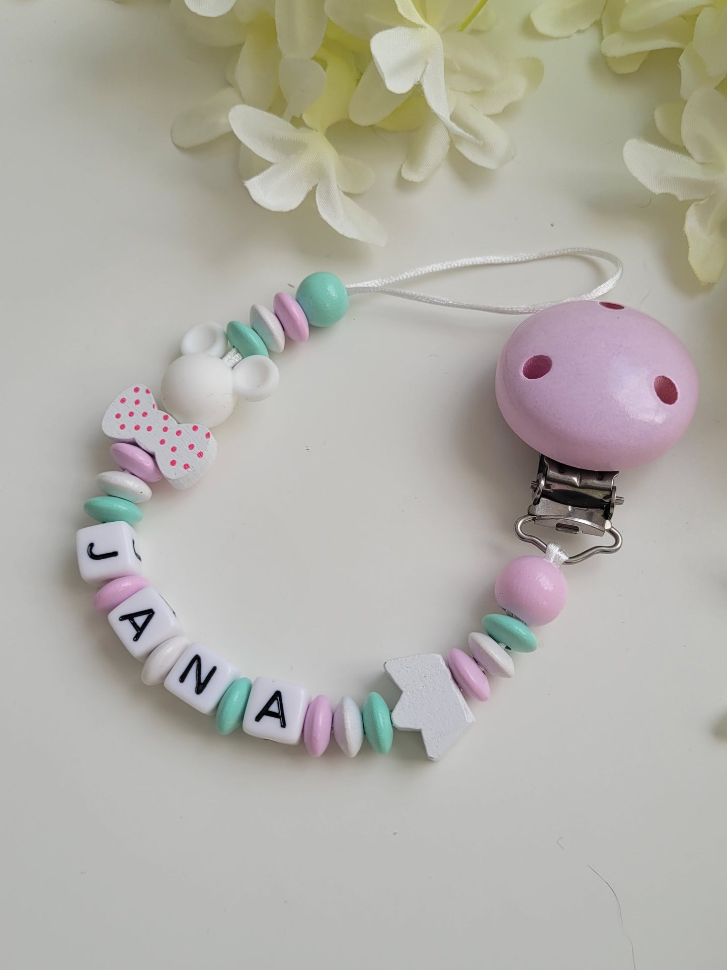 Schnullerkette mit Namen für Mädchen Maus & Krone mint rosa weiss