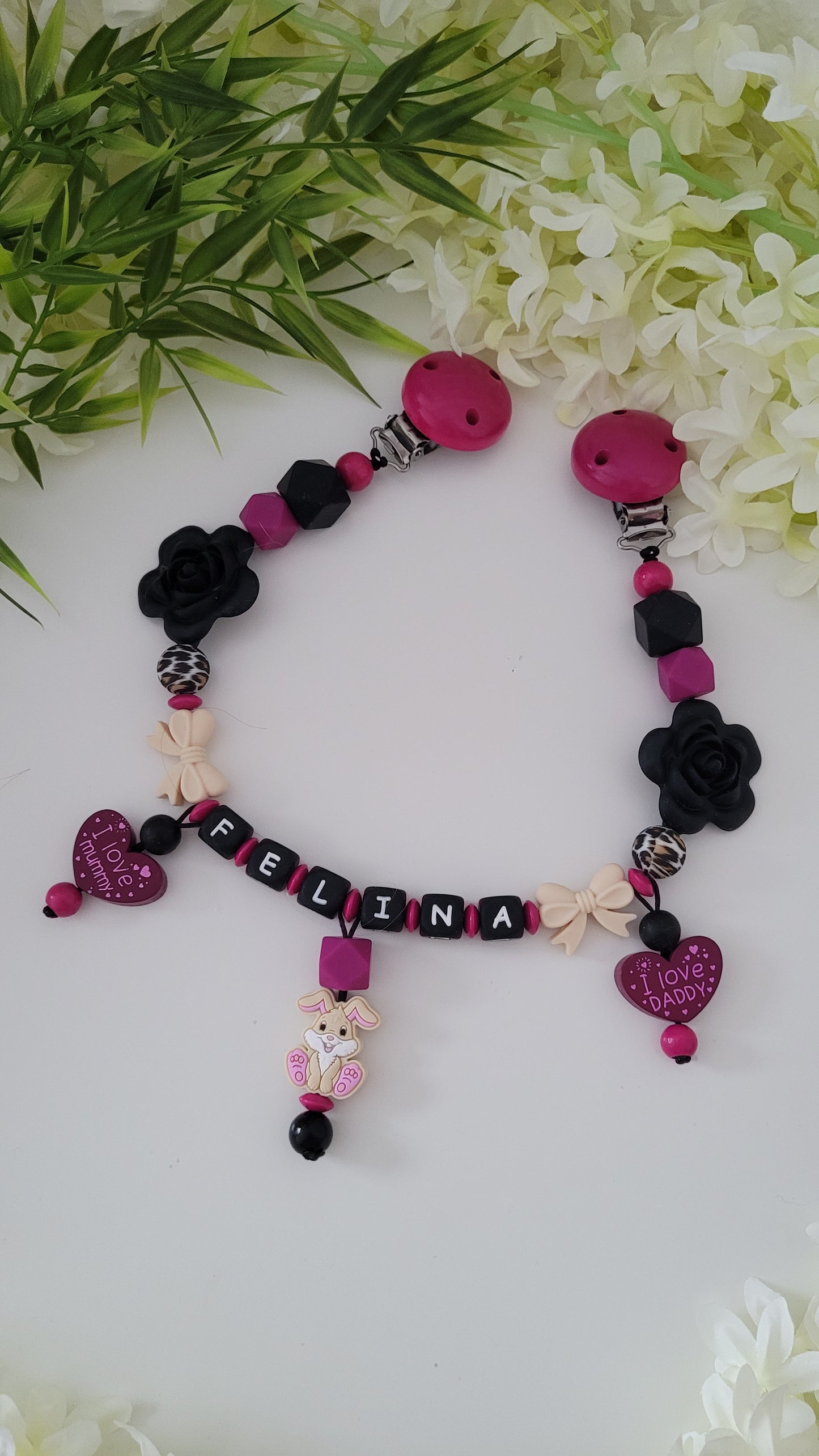 Kinderwagenkette & Schnullerkette *Häschen* pink schwarz