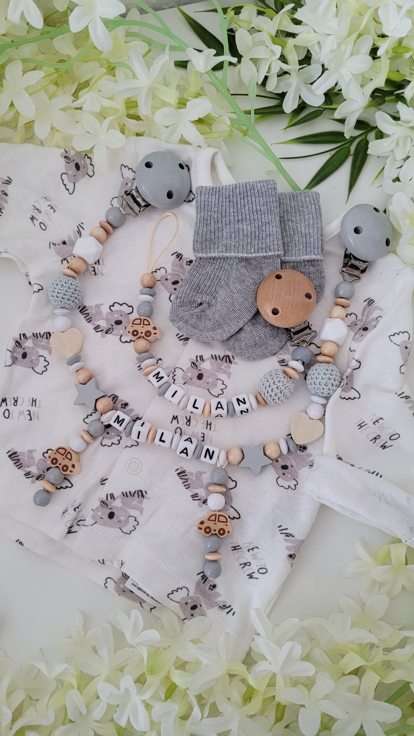 Kinderwagenkette & Schnullerkette * Auto* grau weiß holz