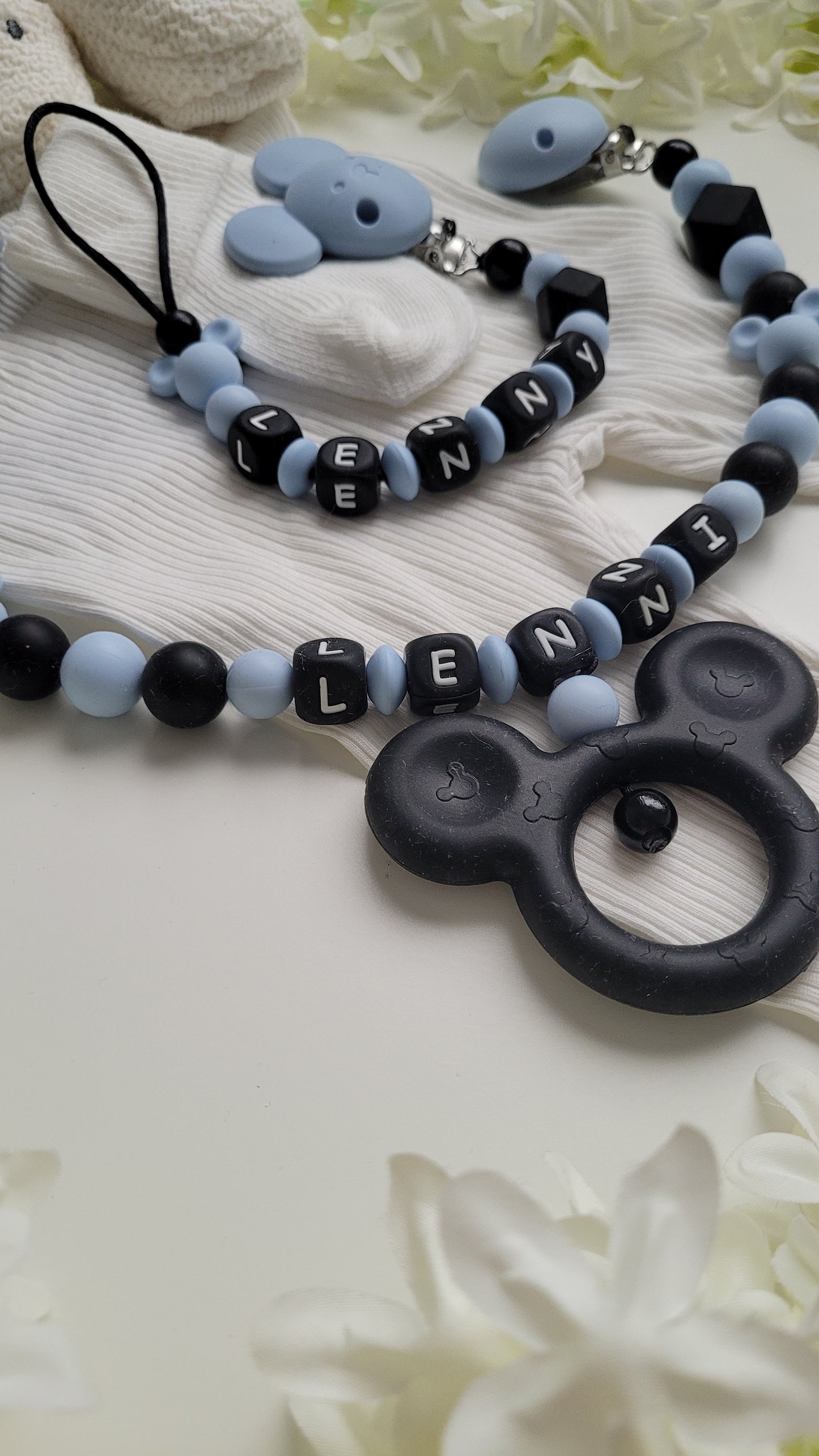Kinderwagenkette & Schnullerkette *Micky* blau schwarz