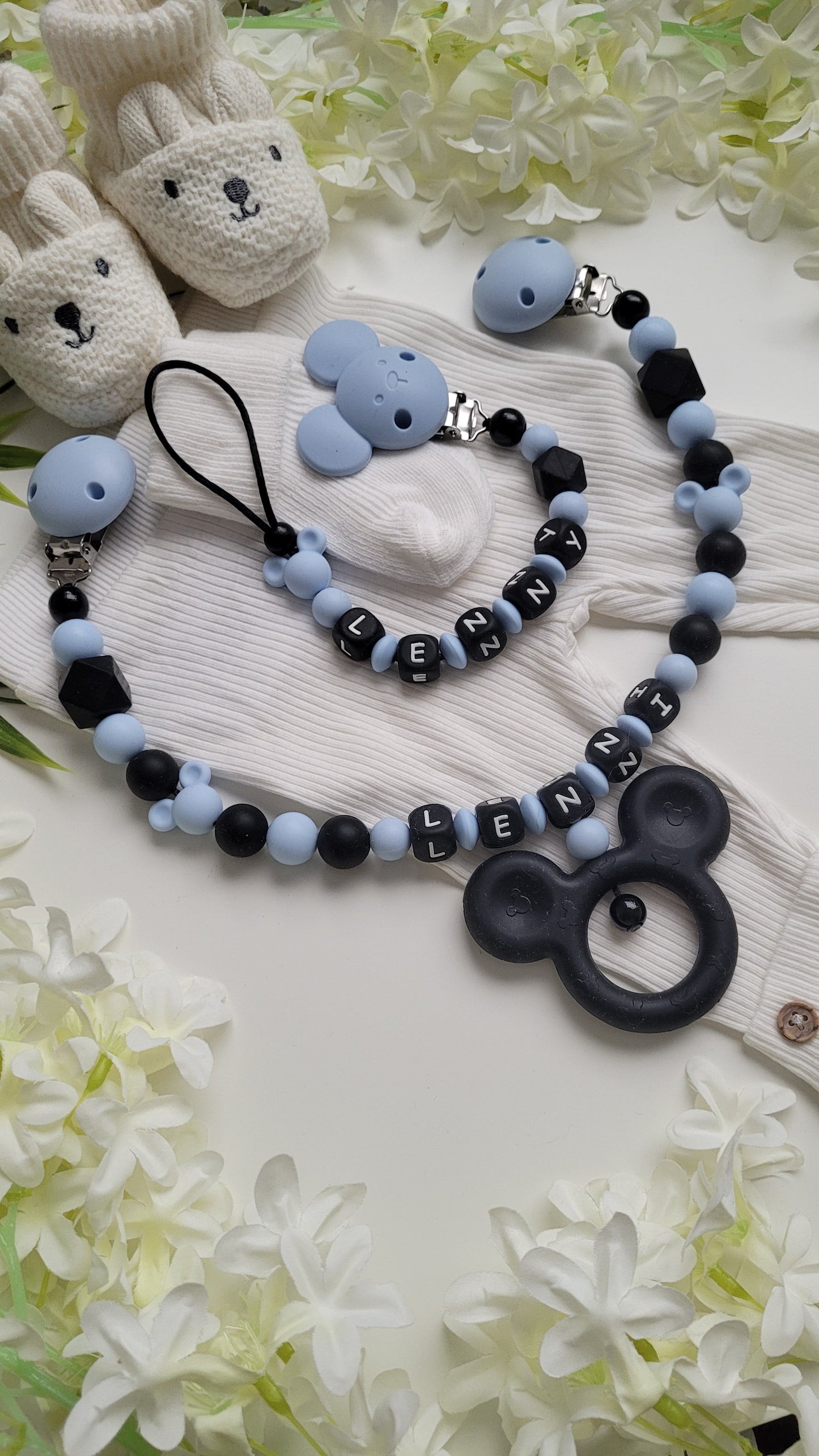 Kinderwagenkette & Schnullerkette *Micky* blau schwarz