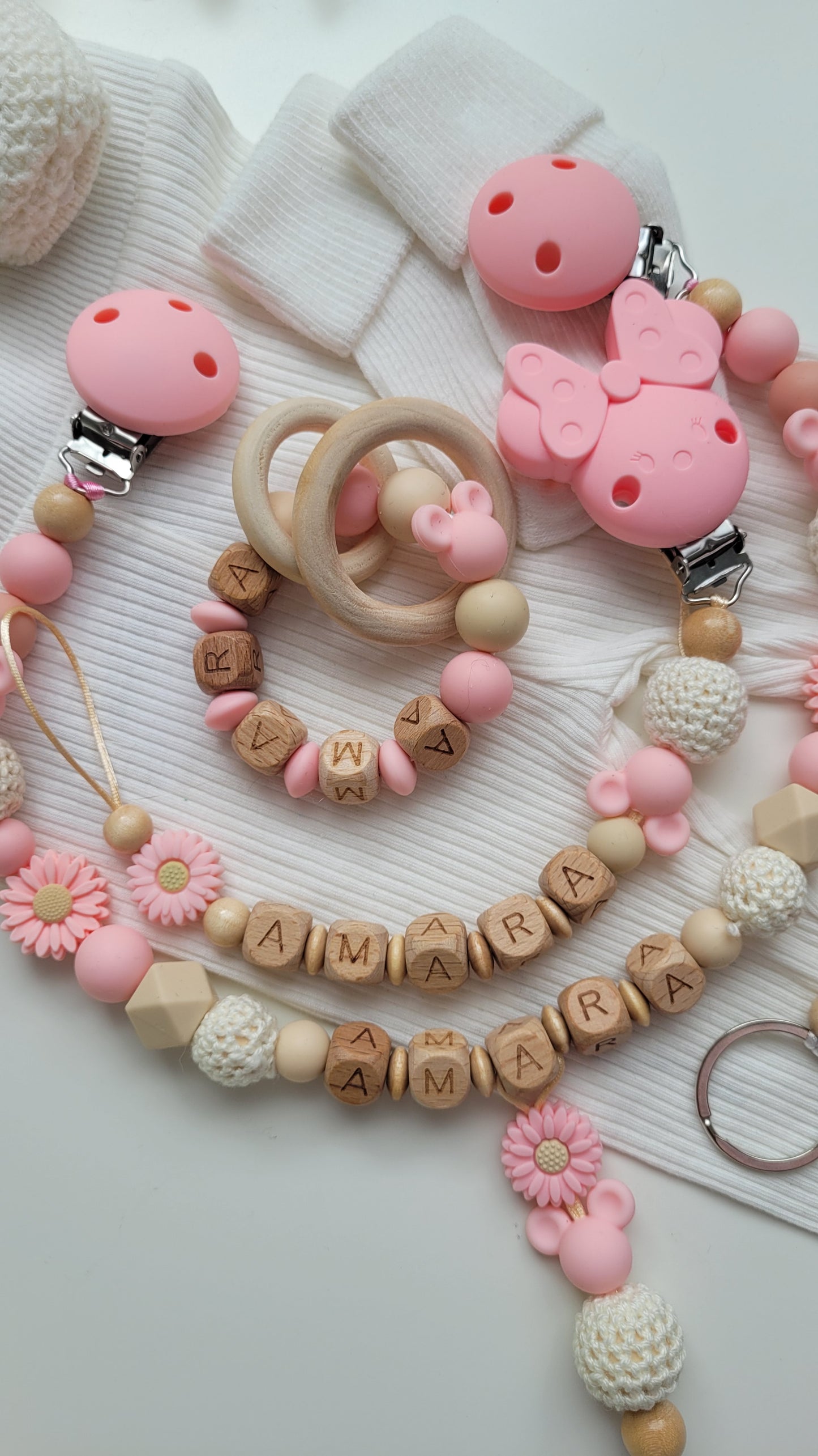 4tlg Traumset Schnullerkette Kinderwagenkette Greifring und Schlüsselanhänger Maus apricot