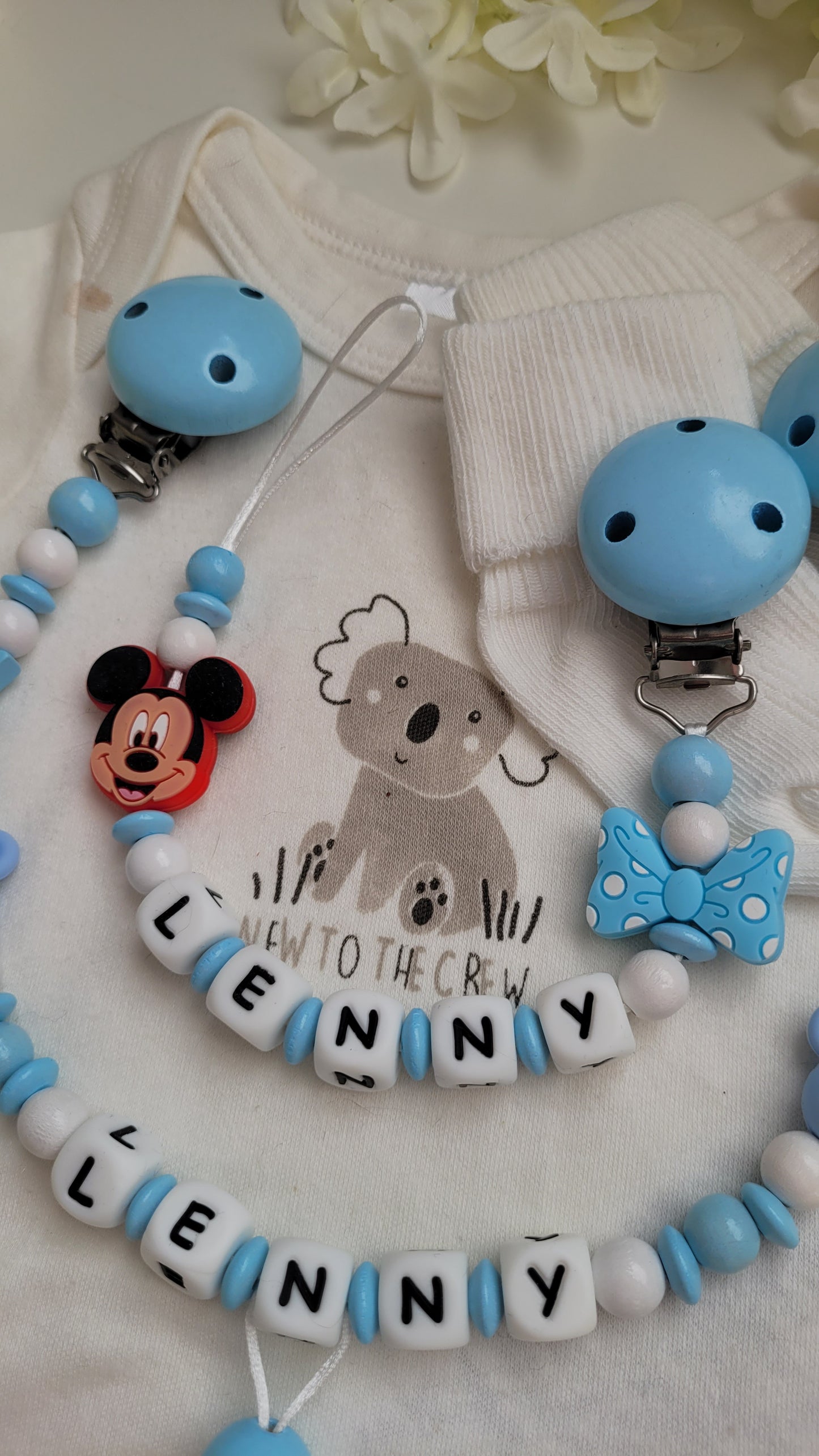 Kinderwagenkette & Schnullerkette mit Namen *Maus* blau